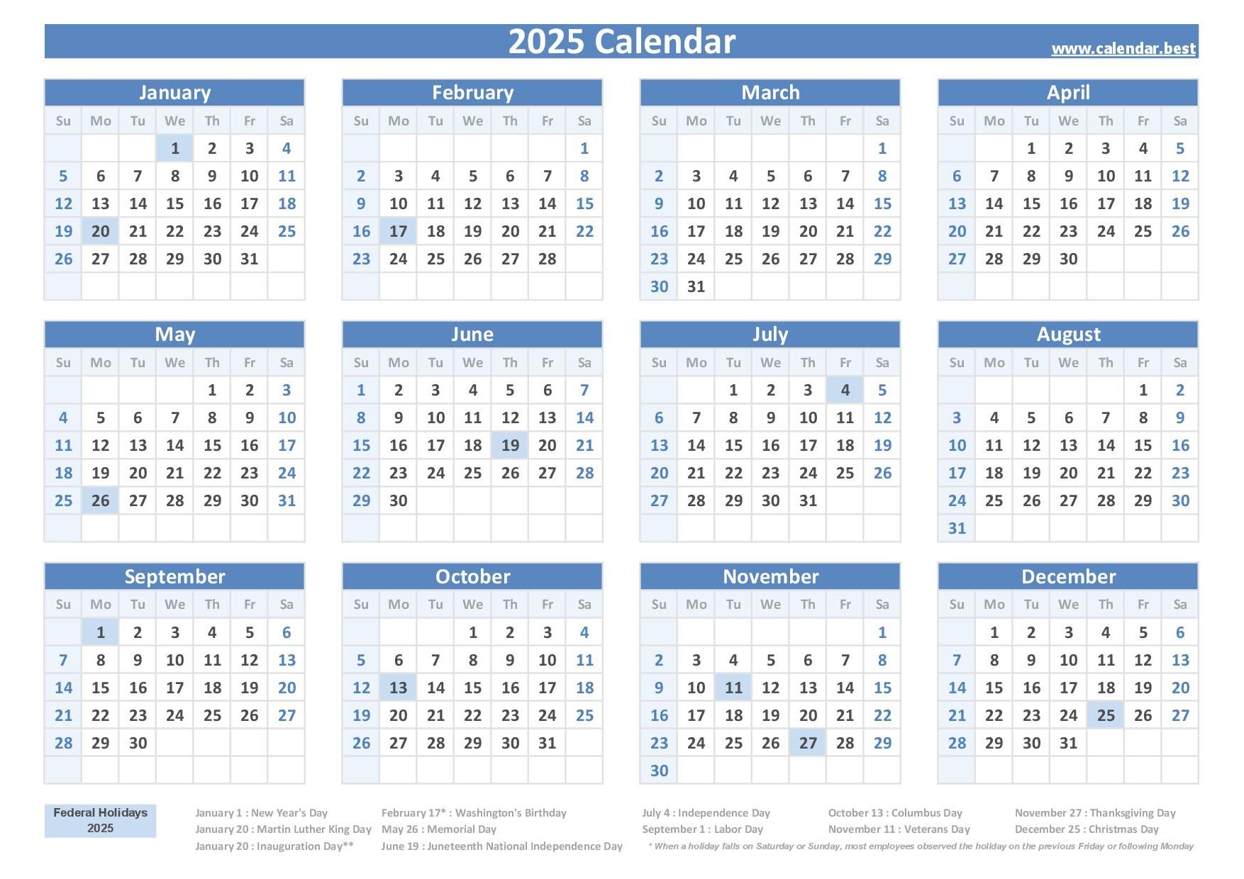 2025 And 2026 Calendar With Holidays Printable Free