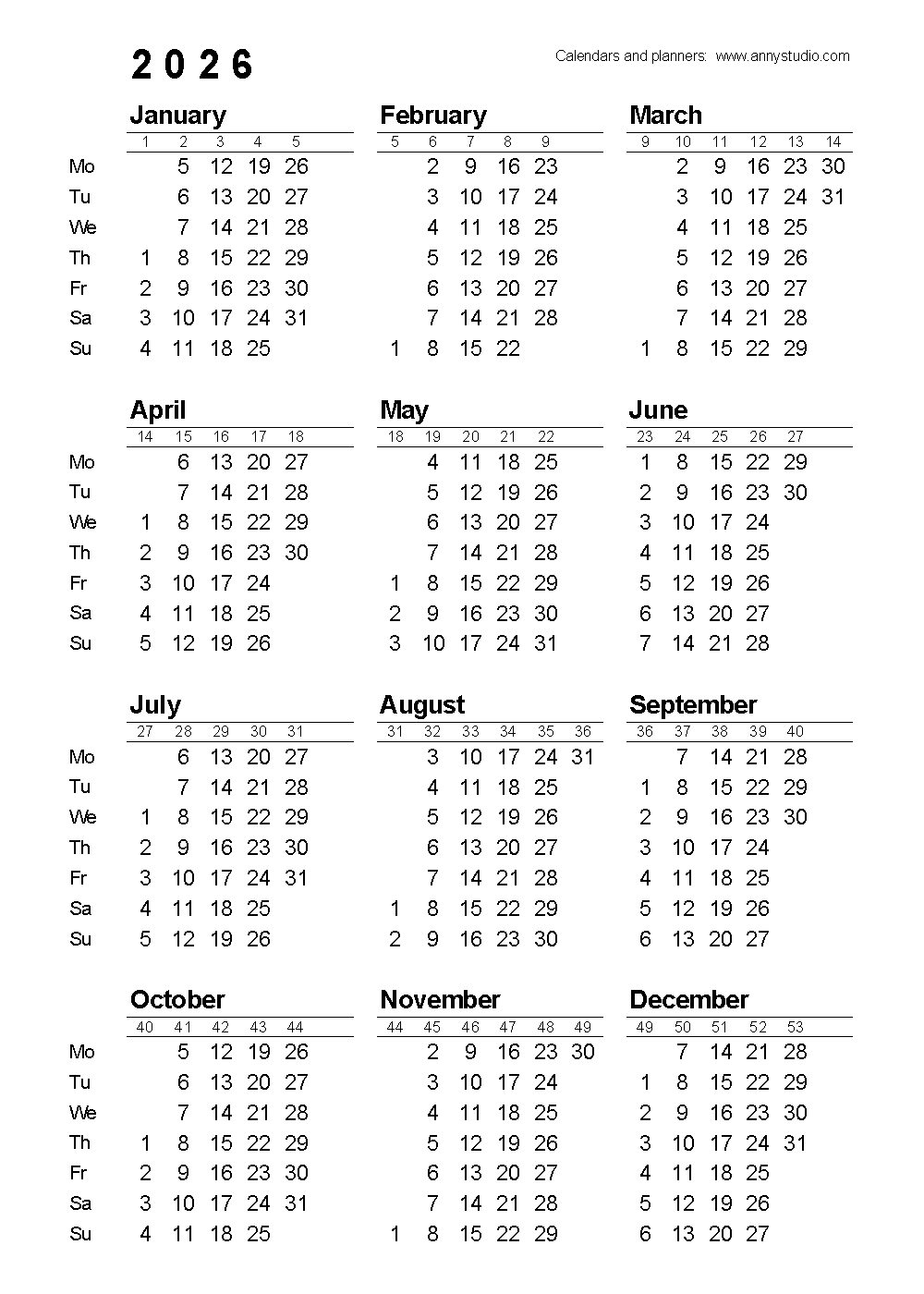 Portrait Blank Calendar Printable 2026-2027
