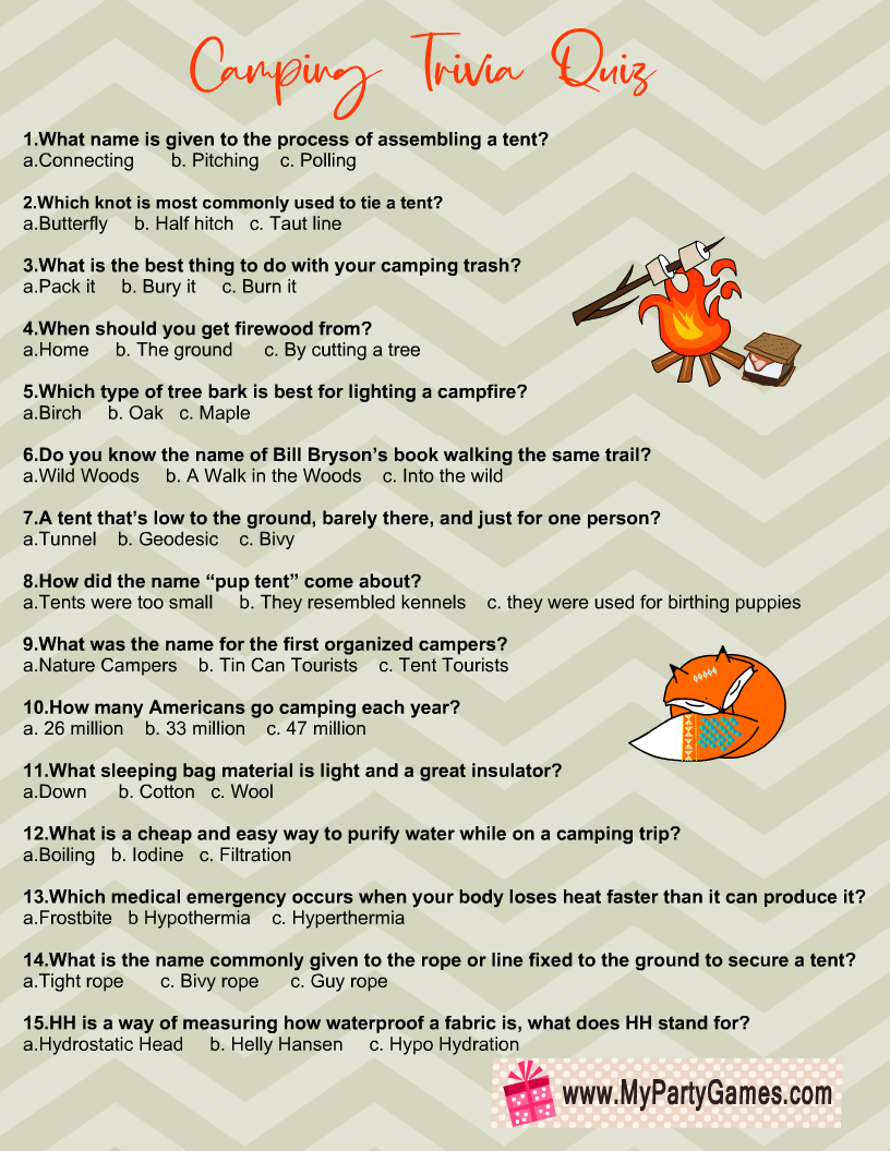 Free Printable Camping Trivia Quiz With Answer Key Worksheets 