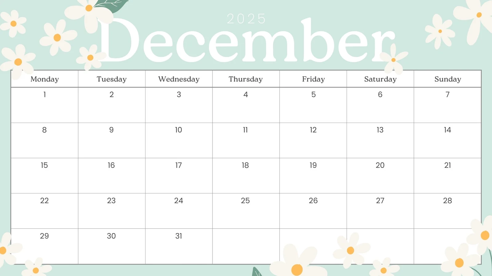 December Calendar Template Printable