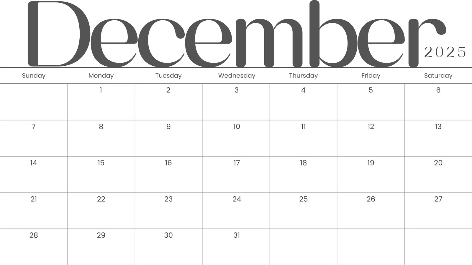 Blank 2025 December Calendar Printable