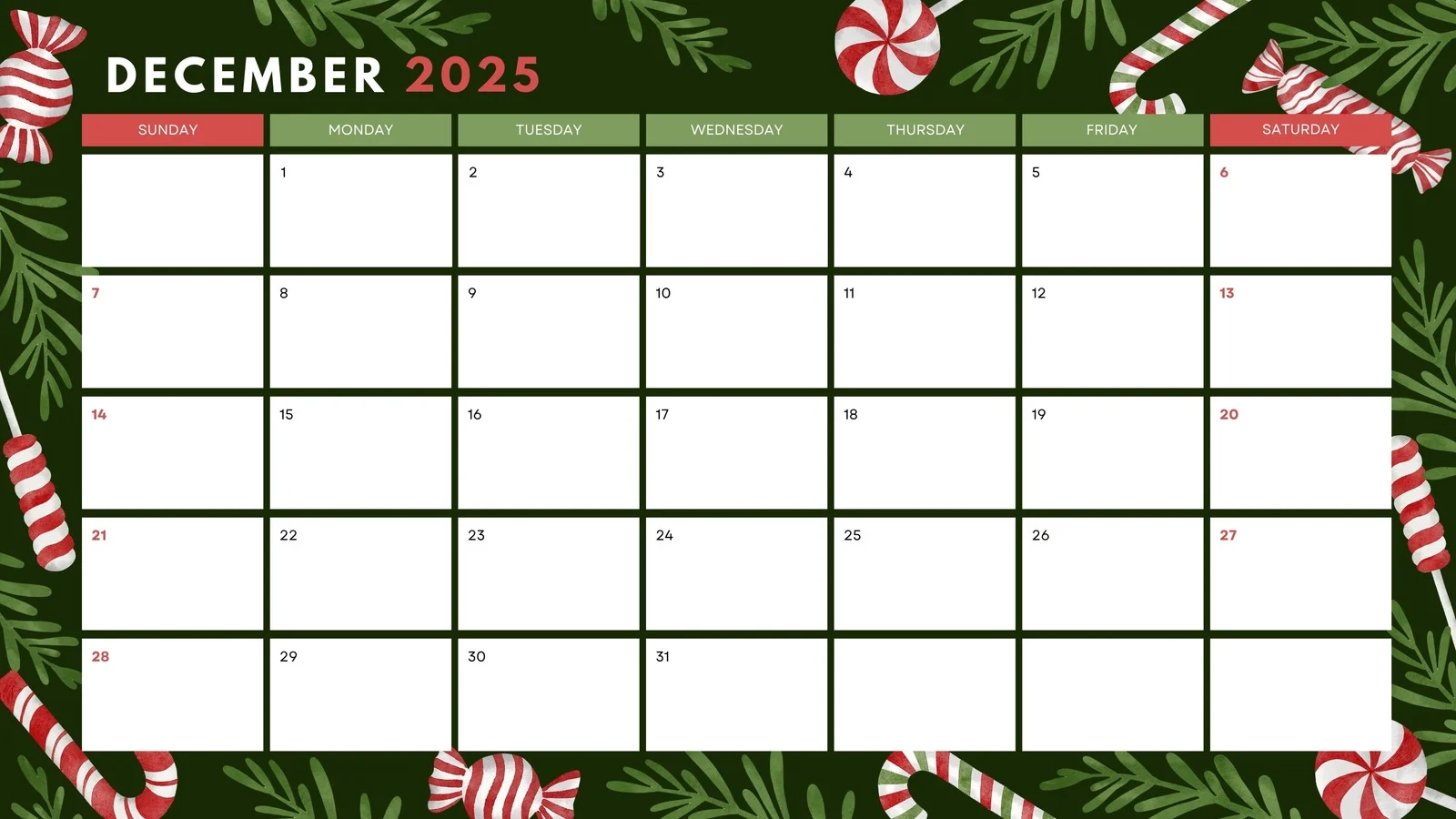 Printable Calendar Month December 2025