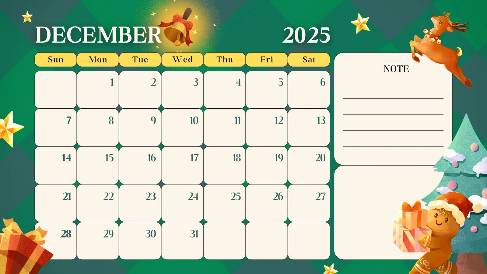Christmas Themed 2025 December Printable Calendar
