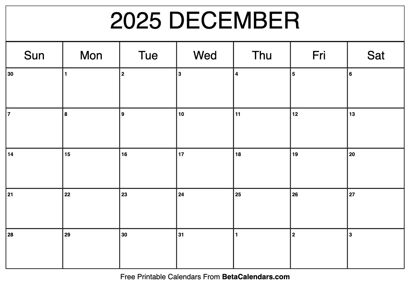 Free Printable December 2025 Calendar