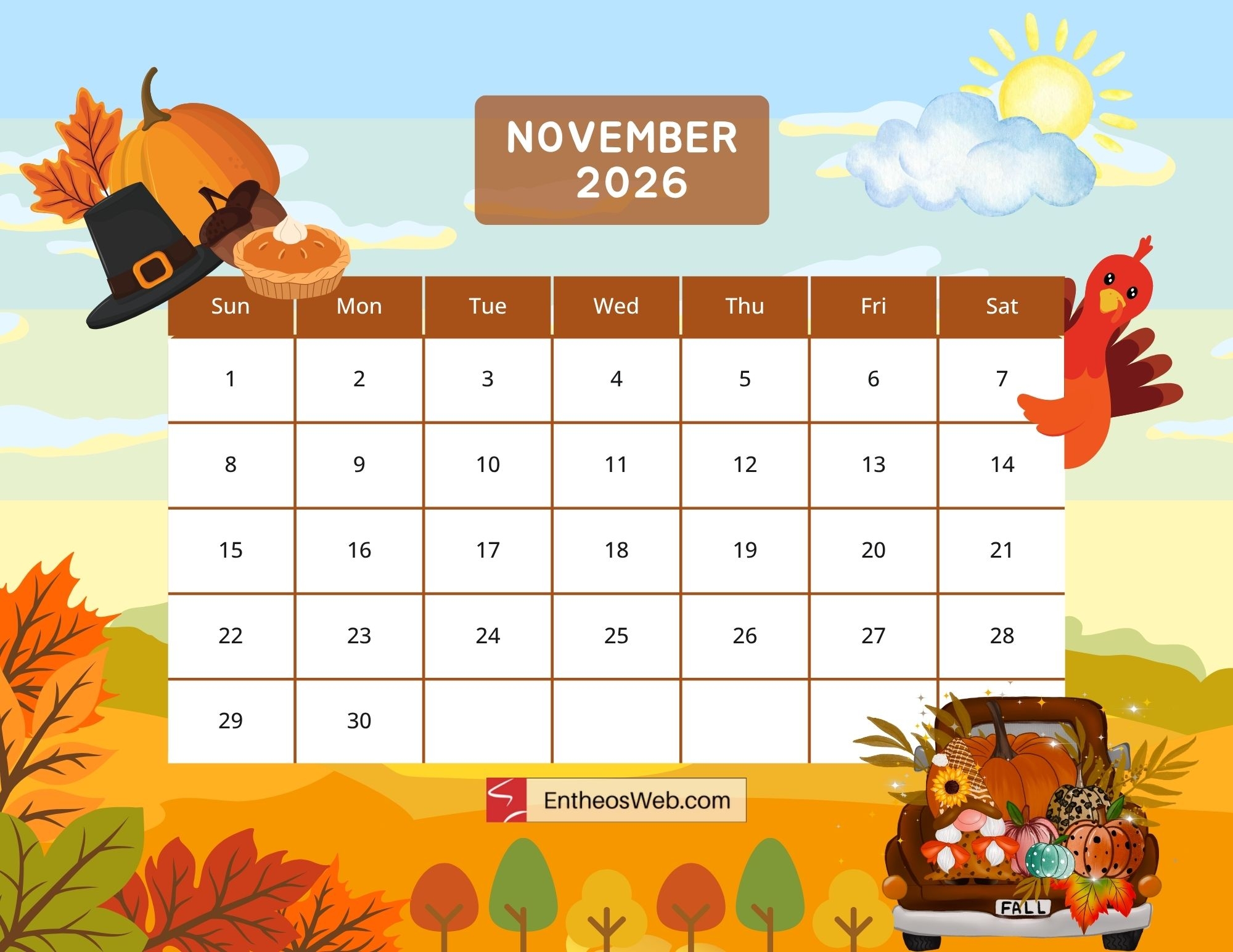 Printable Kids Calendar 2026 November