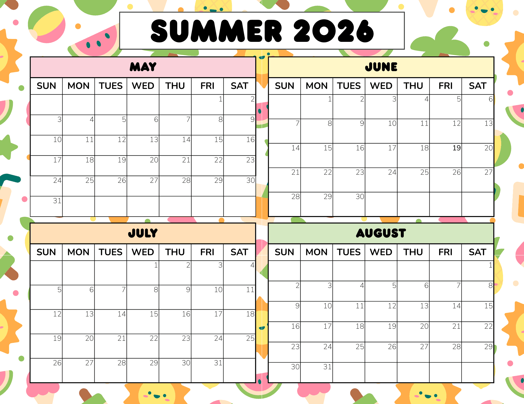 Printable Blank Summer Calendar 2026