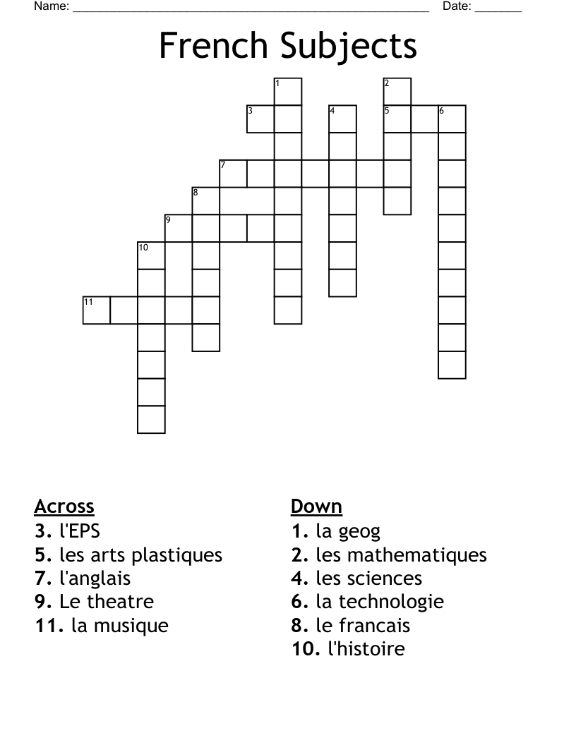 French Subjects Crossword WordMint