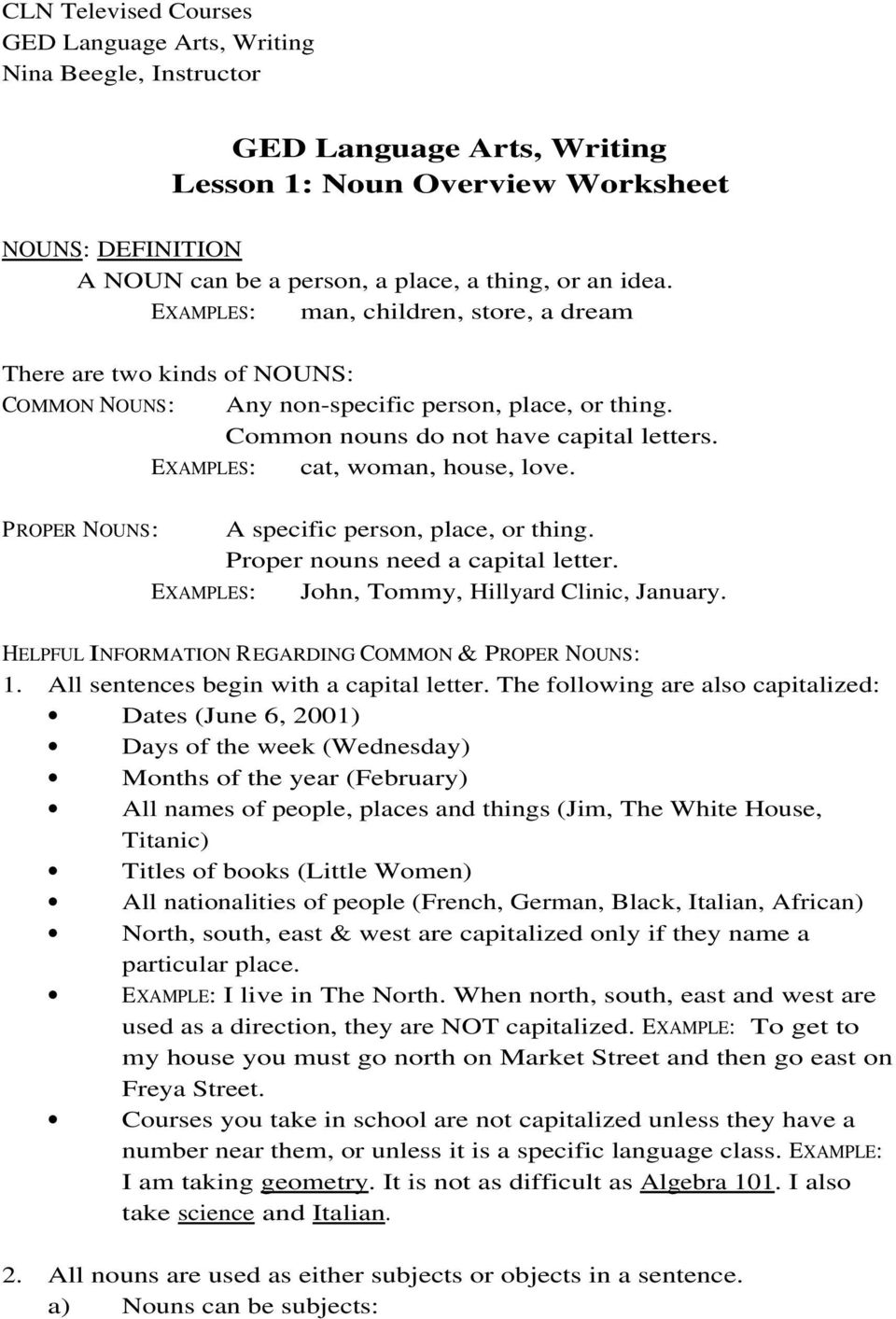 GED Language Arts Writing Lesson 1 Noun Overview Worksheet PDF 