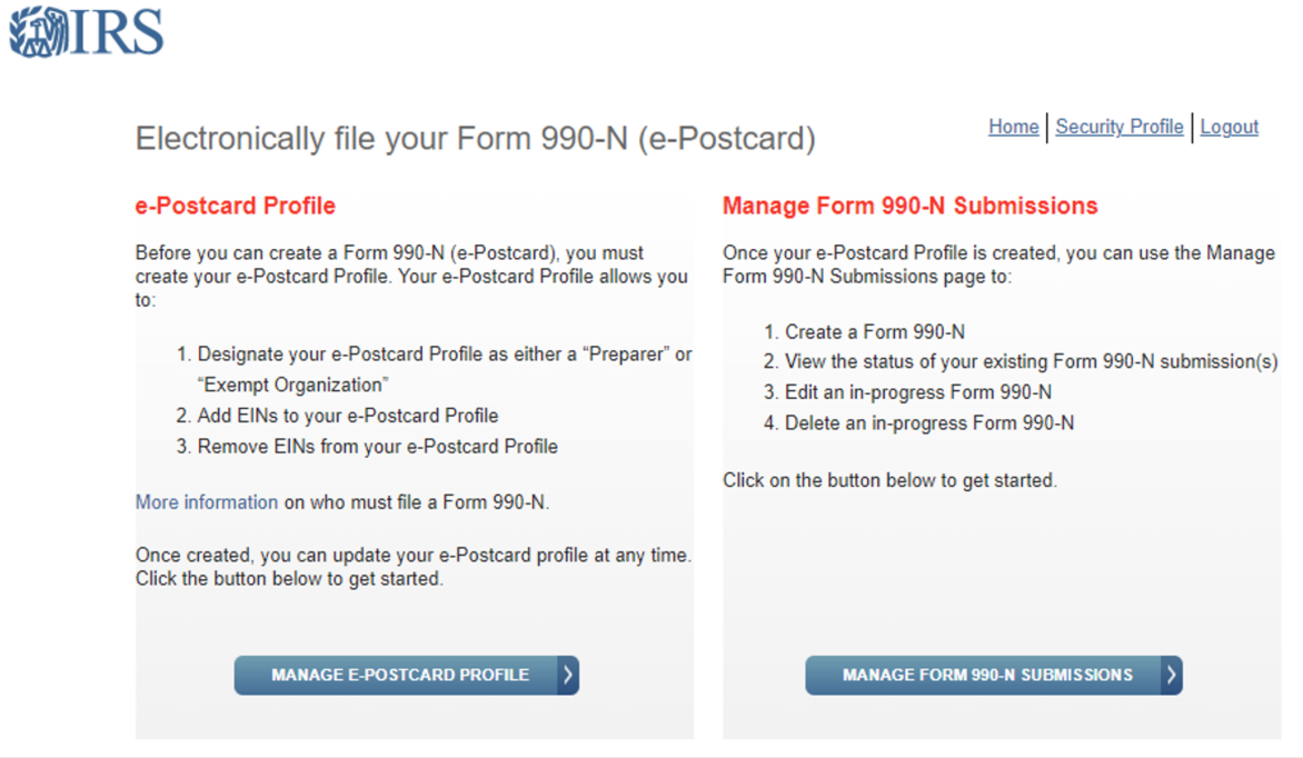 Irs Form 990 N E Postcard Online Filing