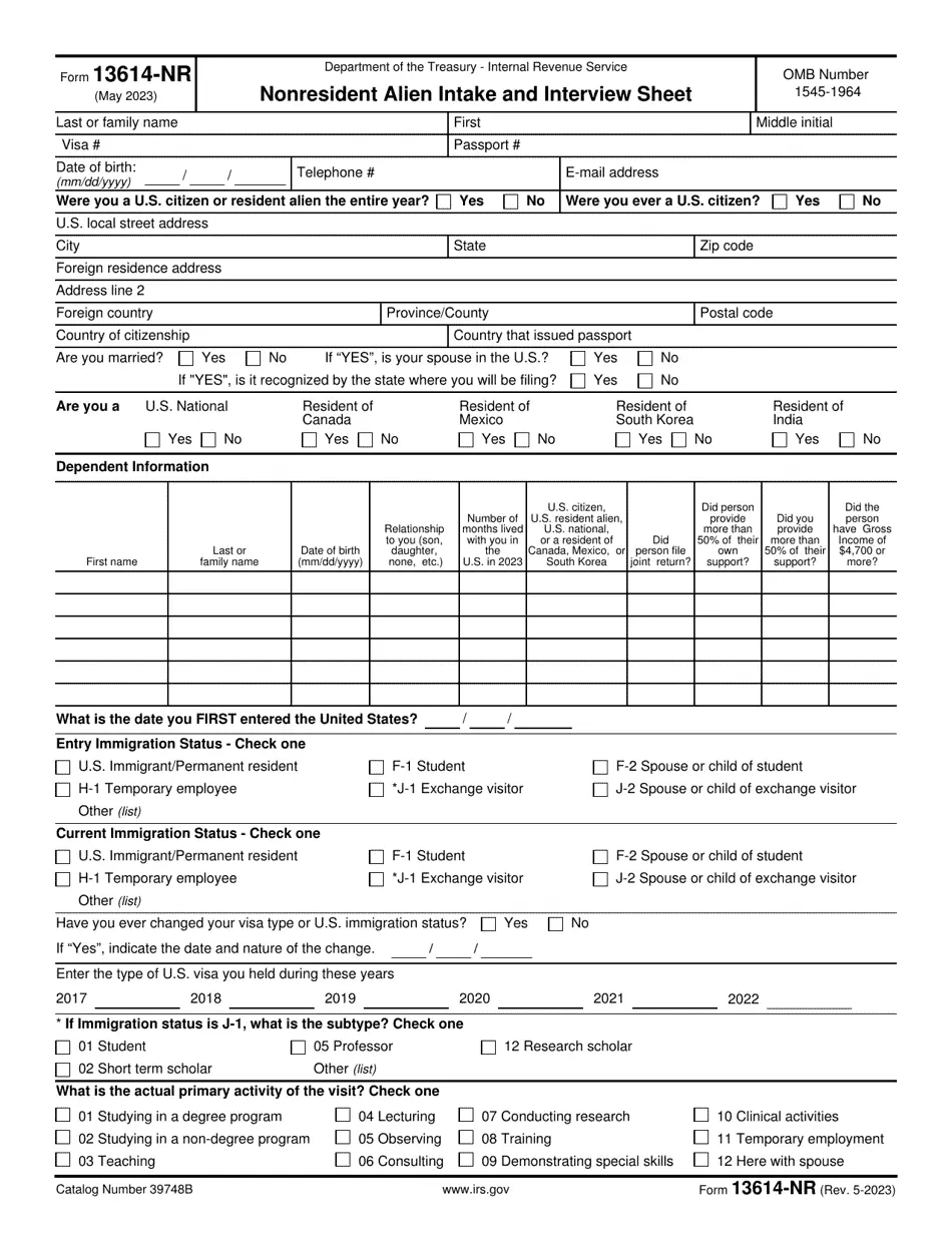 IRS Form 13614 NR Download Fillable PDF Or Fill Online Nonresident 