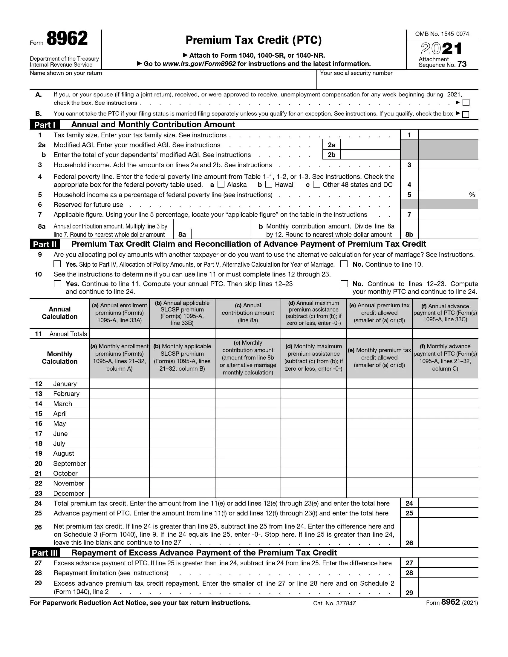 IRS Form 8962 Fill Out Printable PDF Forms Online