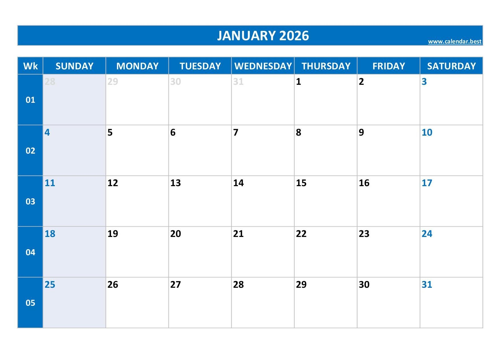 Printable January 2026 Calendar