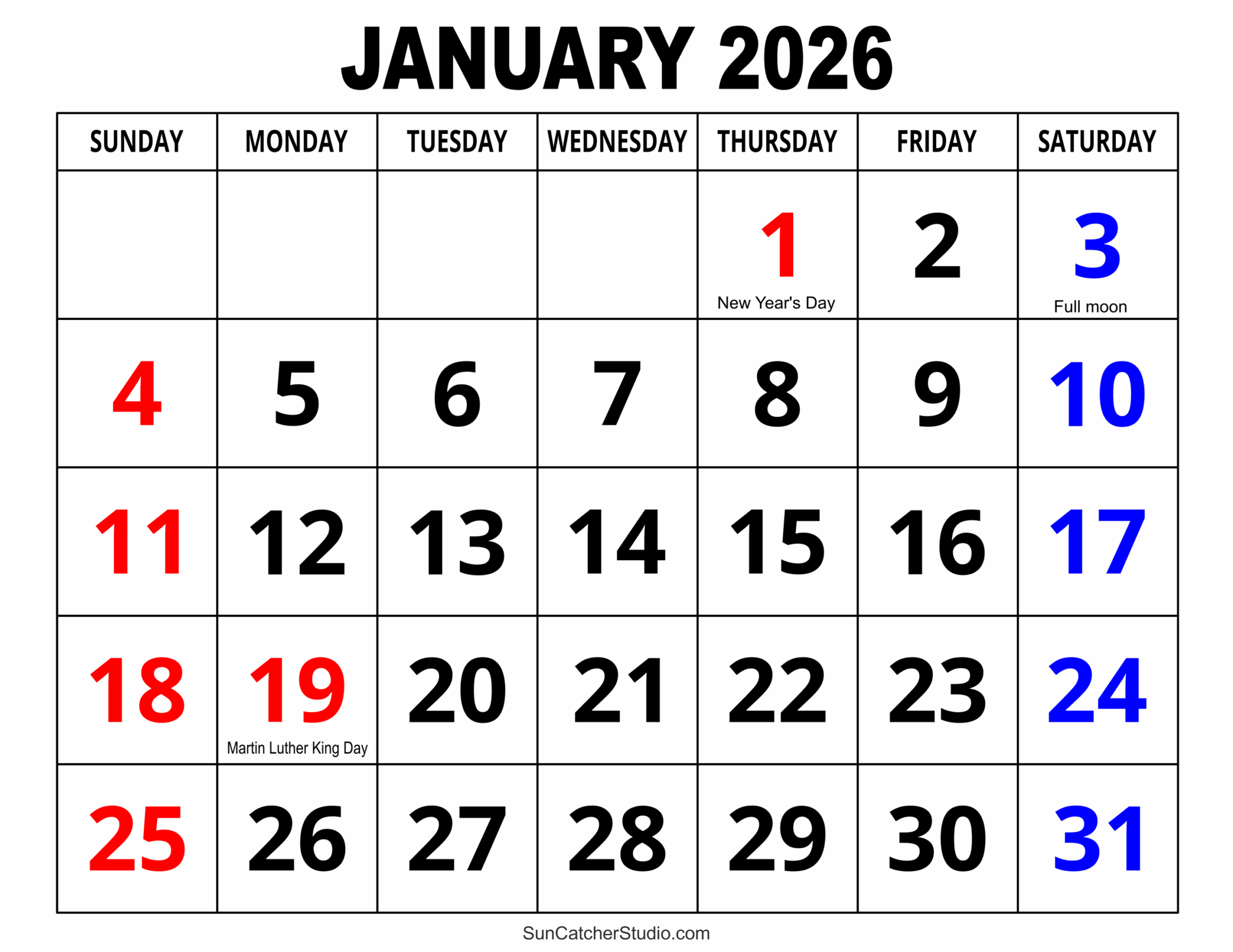 Printable Calendar Jan 2026