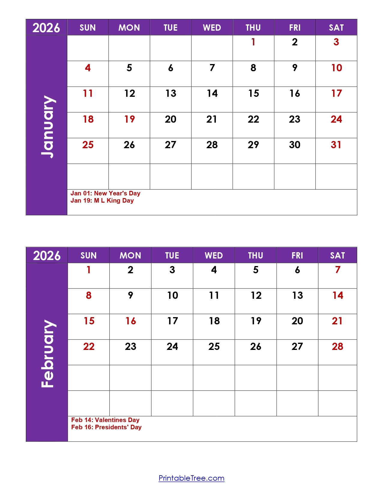 January February 2026 Calendar Printable