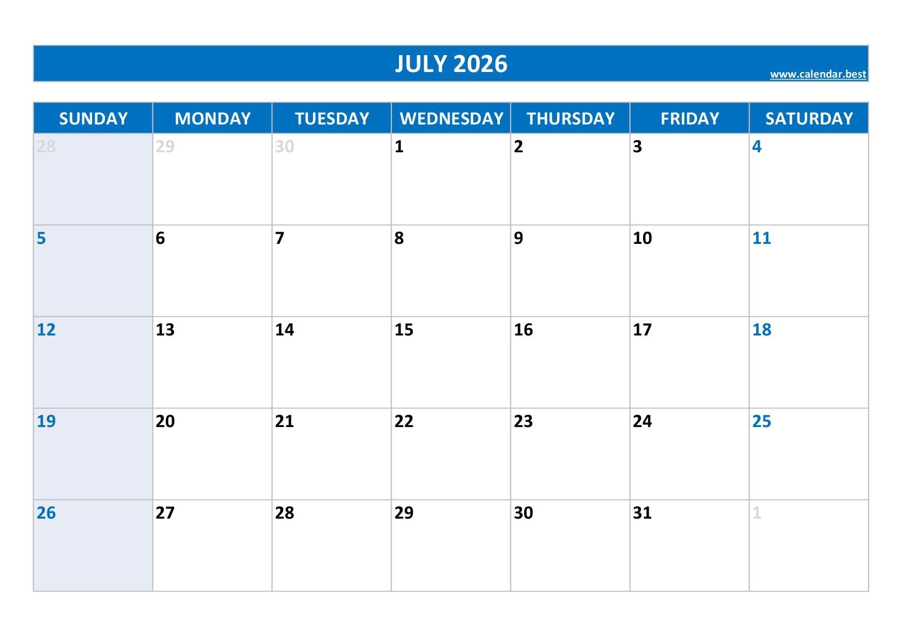 Blank Calendar July 2026 Printable