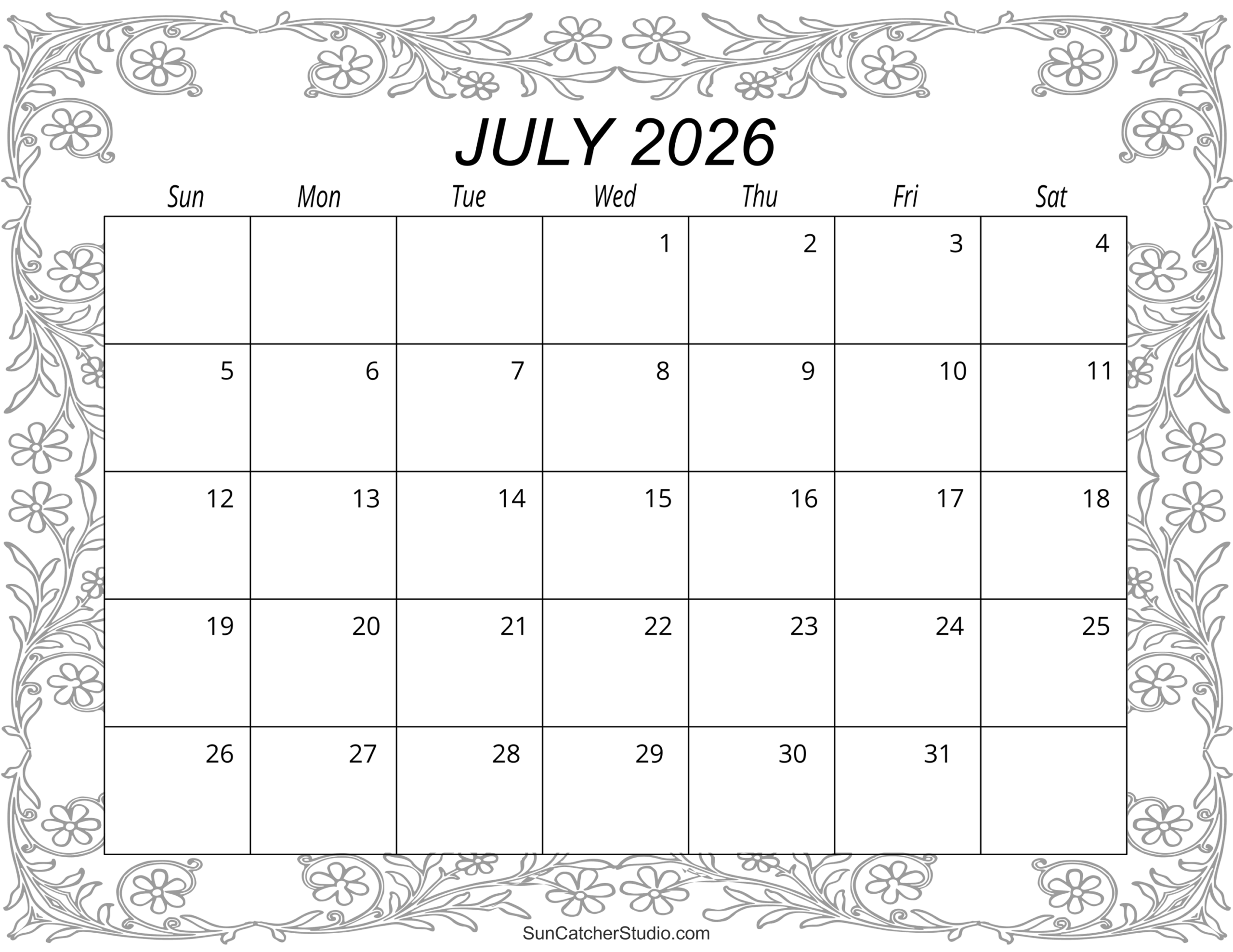 Blank Calendar Pages July 2026 Printable