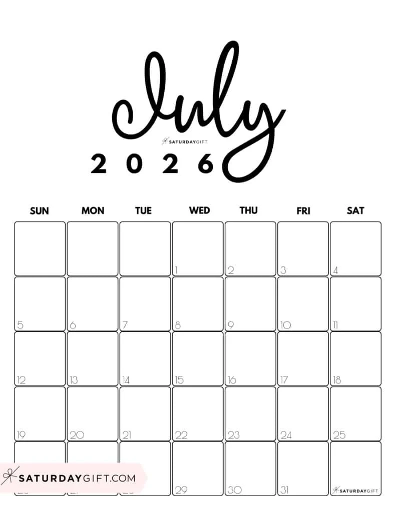 July 2026 Calendars 23 Cute Free Printable PDFs By SaturdayGift