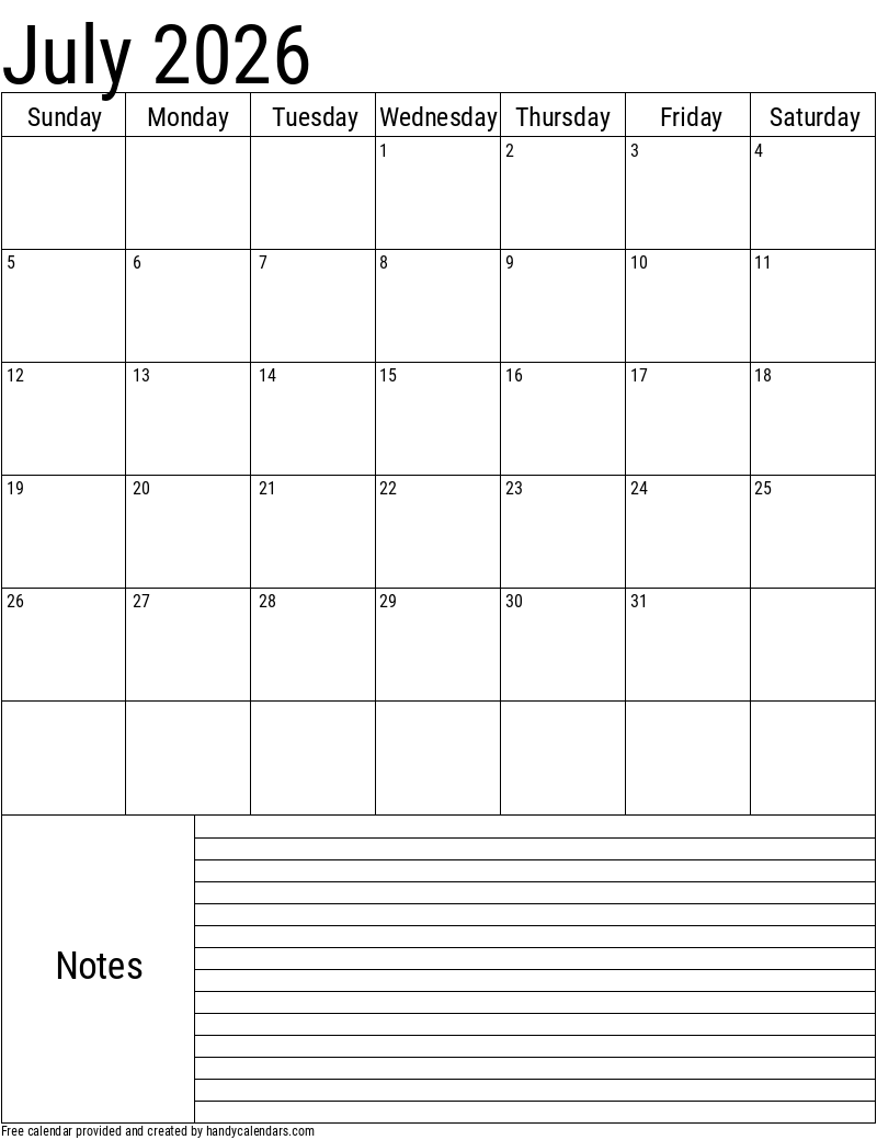 July 2026 Vertical Calendar With Notes Handy Calendars