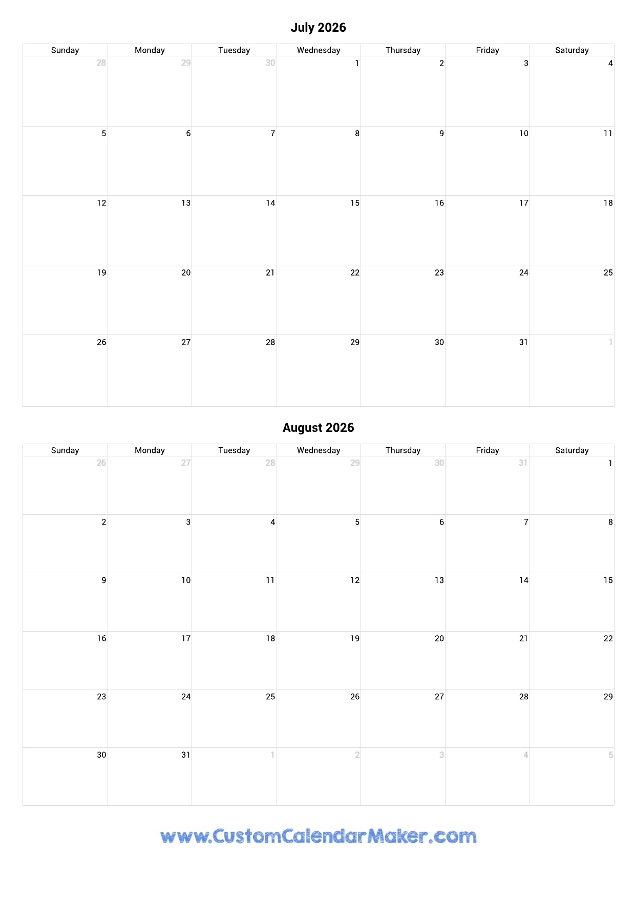 Blank Printable Calendarvertical July 2026