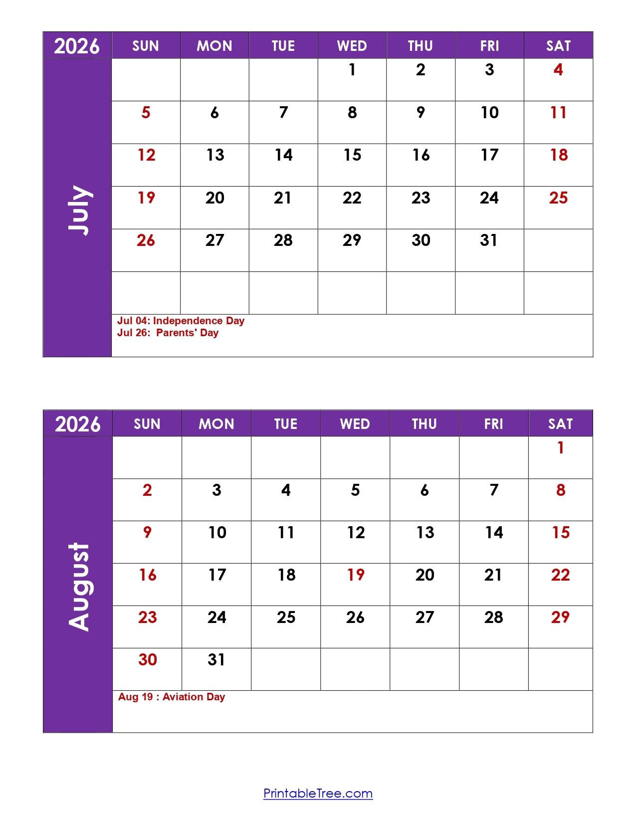 Printable Blank Calendar July And August 2026