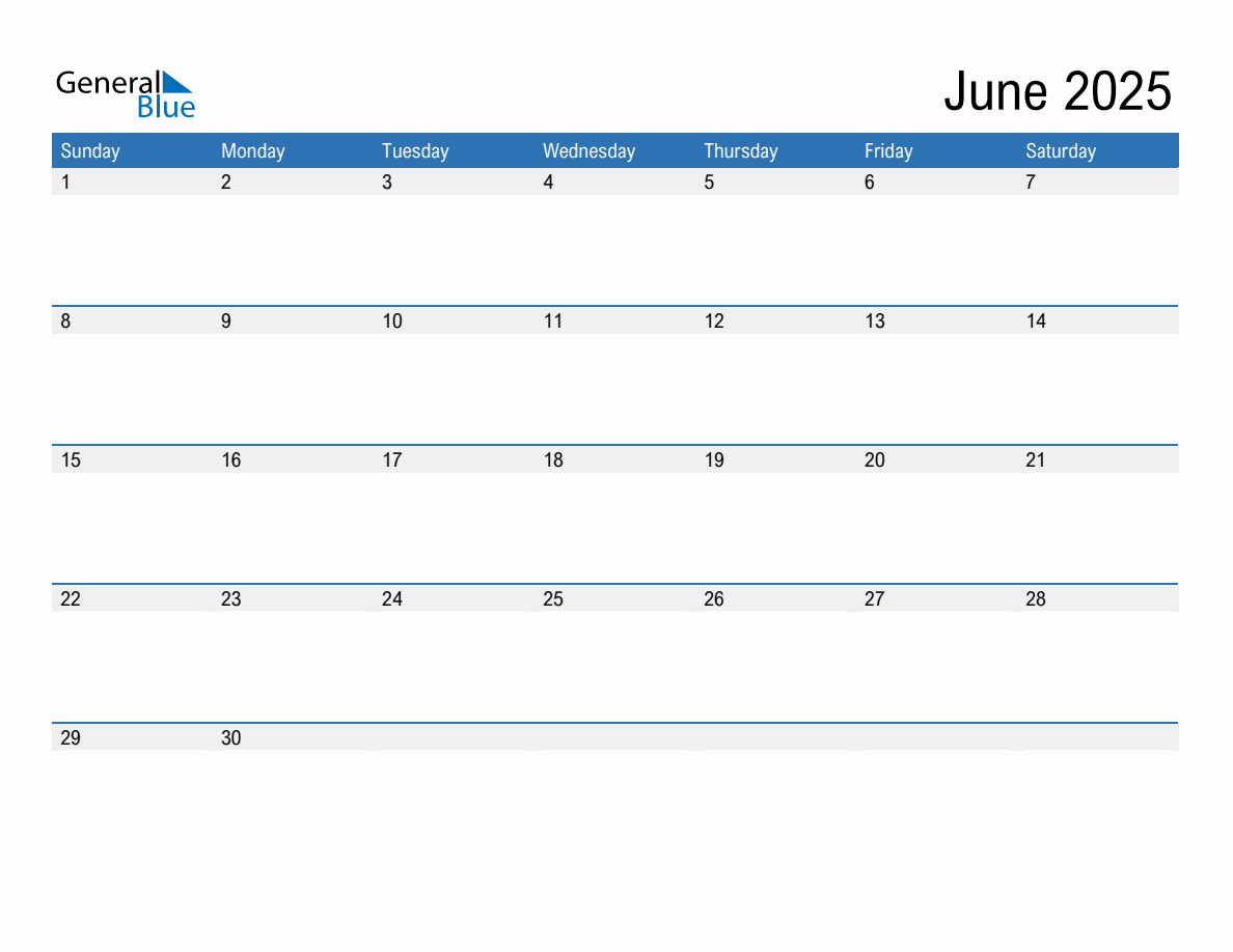 June Blank Calendar 2026 General Blue