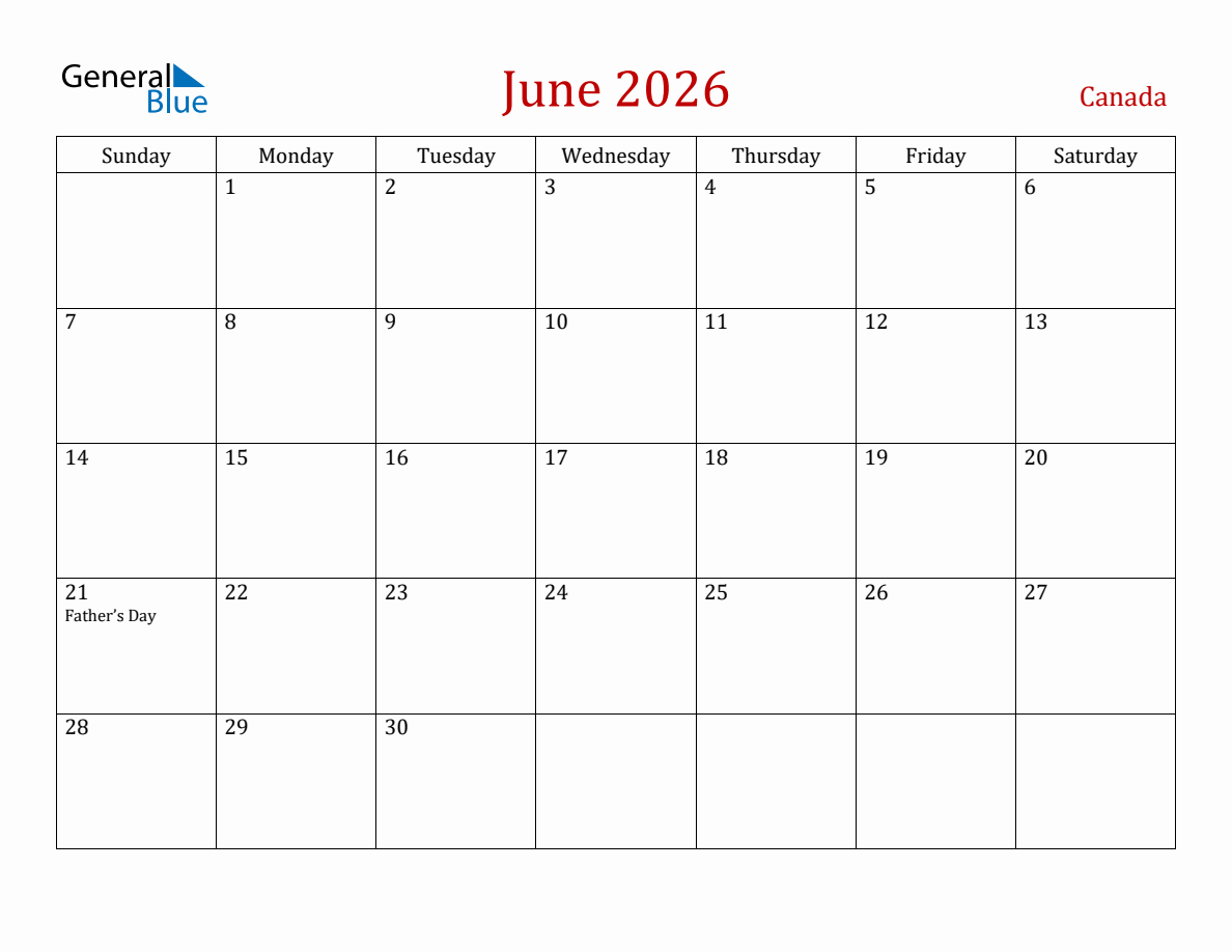 June 2026 Canada Monthly Calendar With Holidays