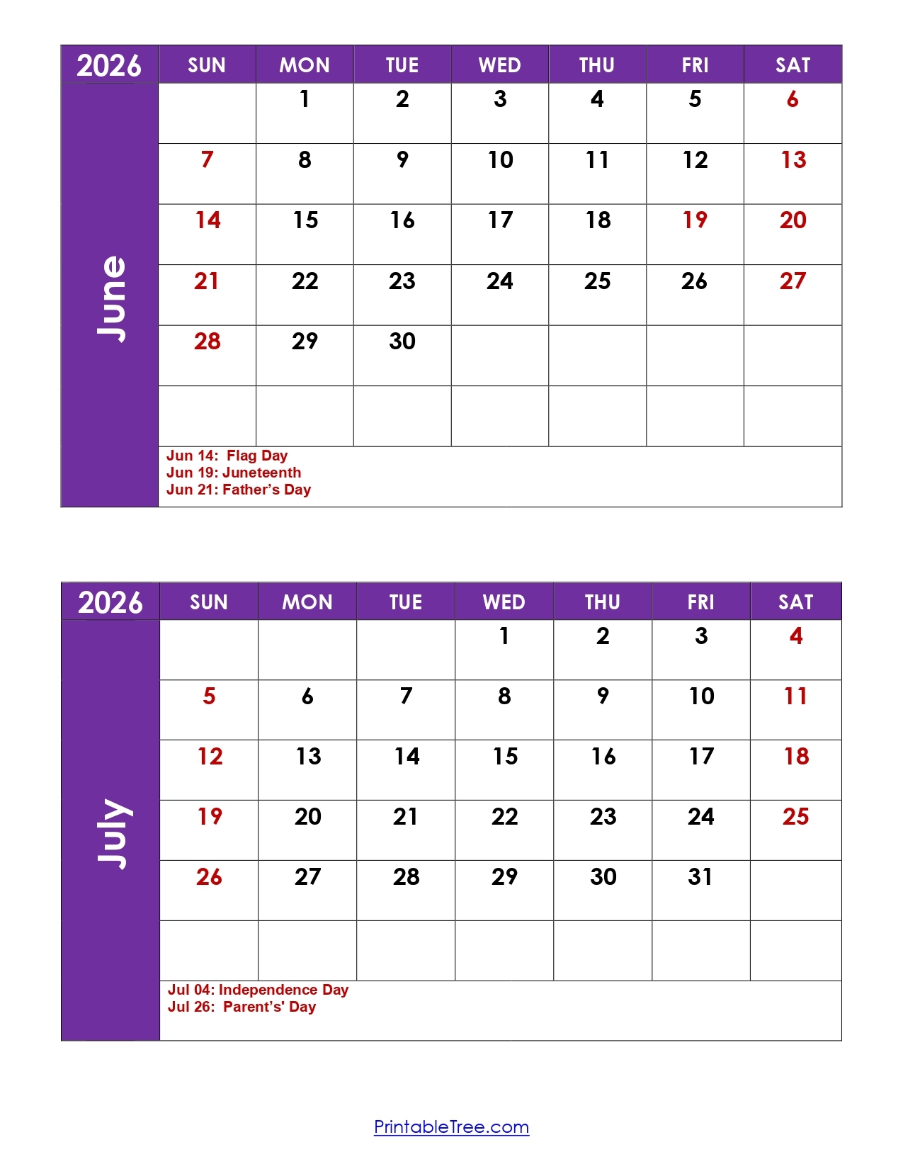 July 2026 June 2027 Calendar Printable