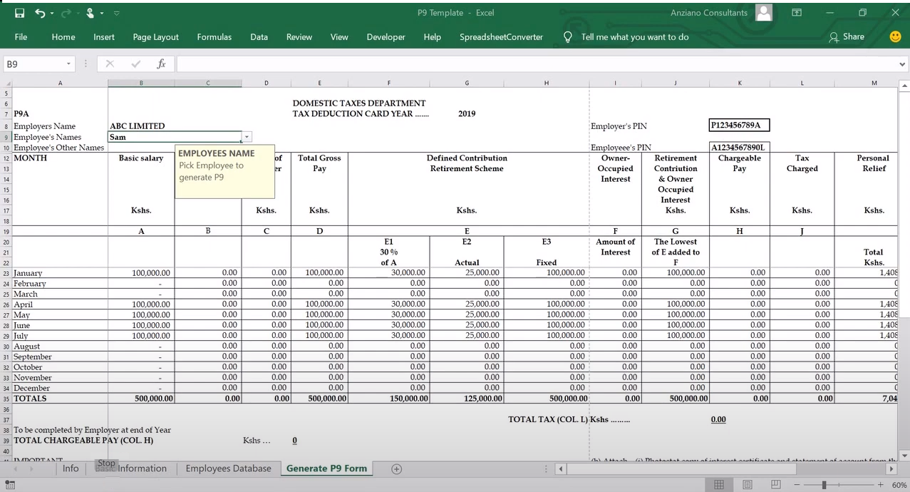 Kenya Revenue Authority KRA P9 Form Tax Deduction Card