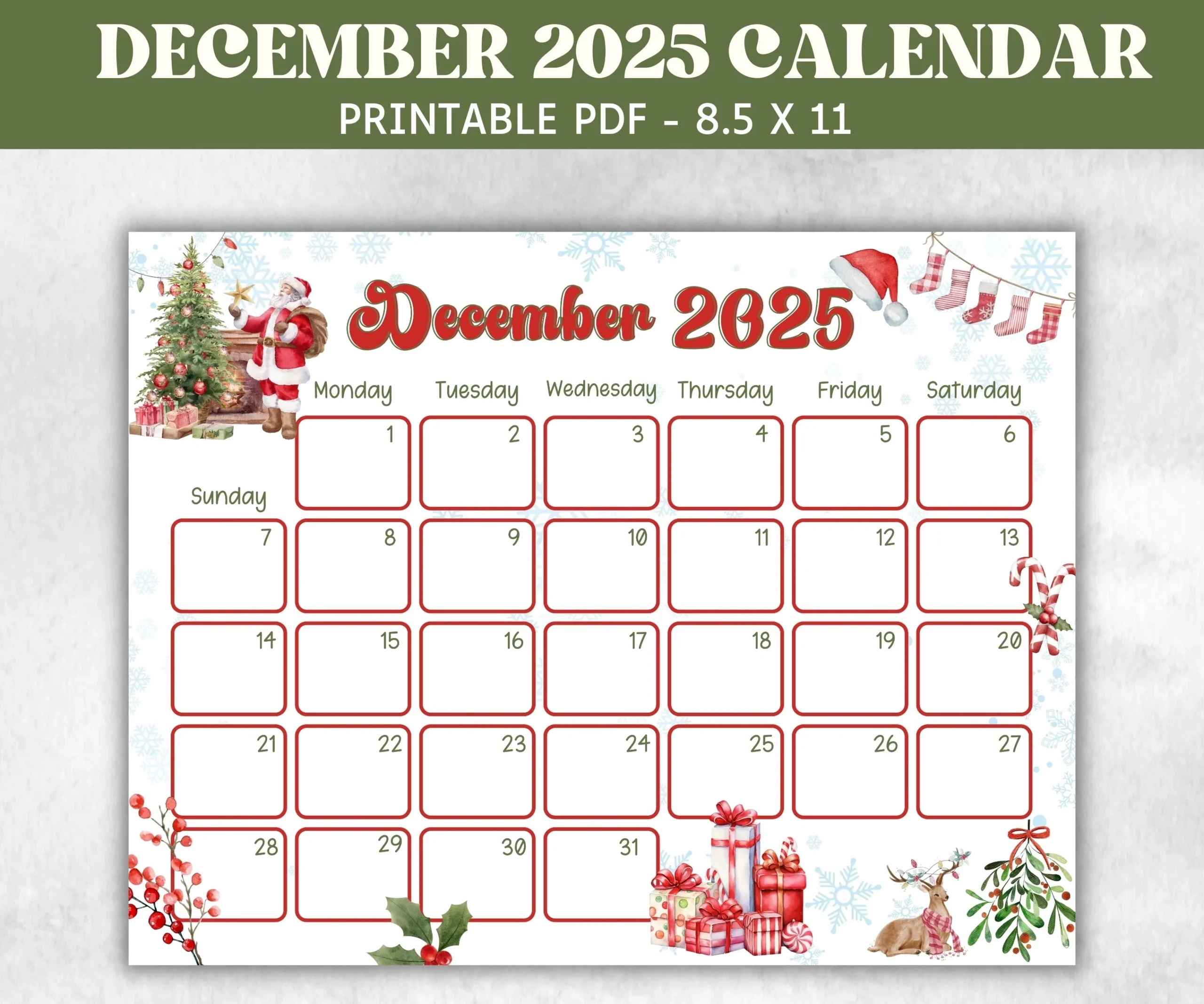 December 2025 Calendar Christmas Printable