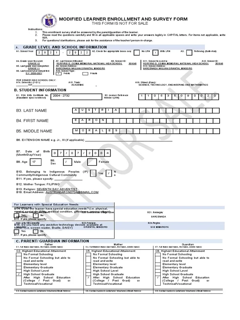 LESF Learner Enrollment And Survey Form English PDF Internet 