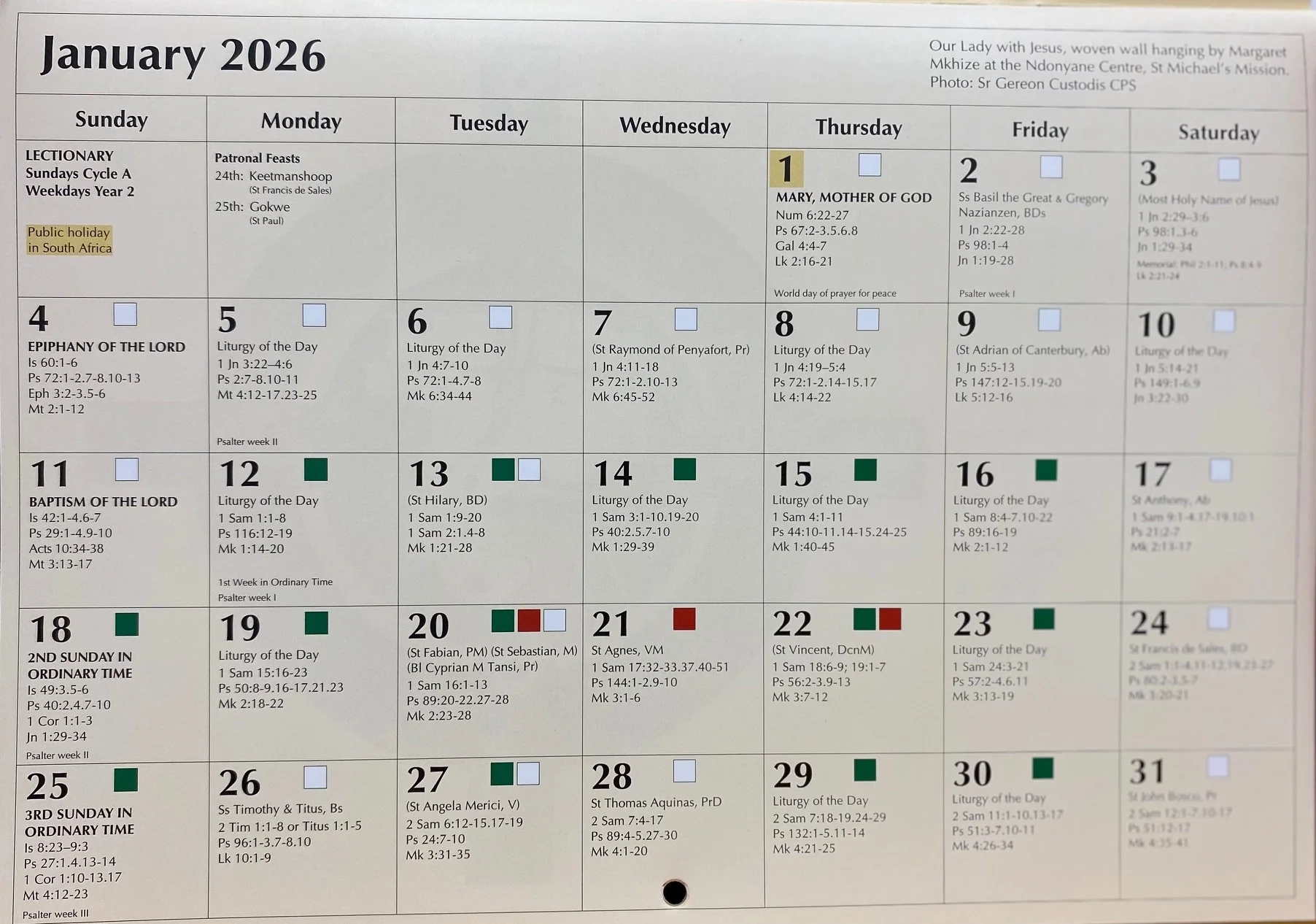 Roman Catholic Calendar 2026 With Holidays