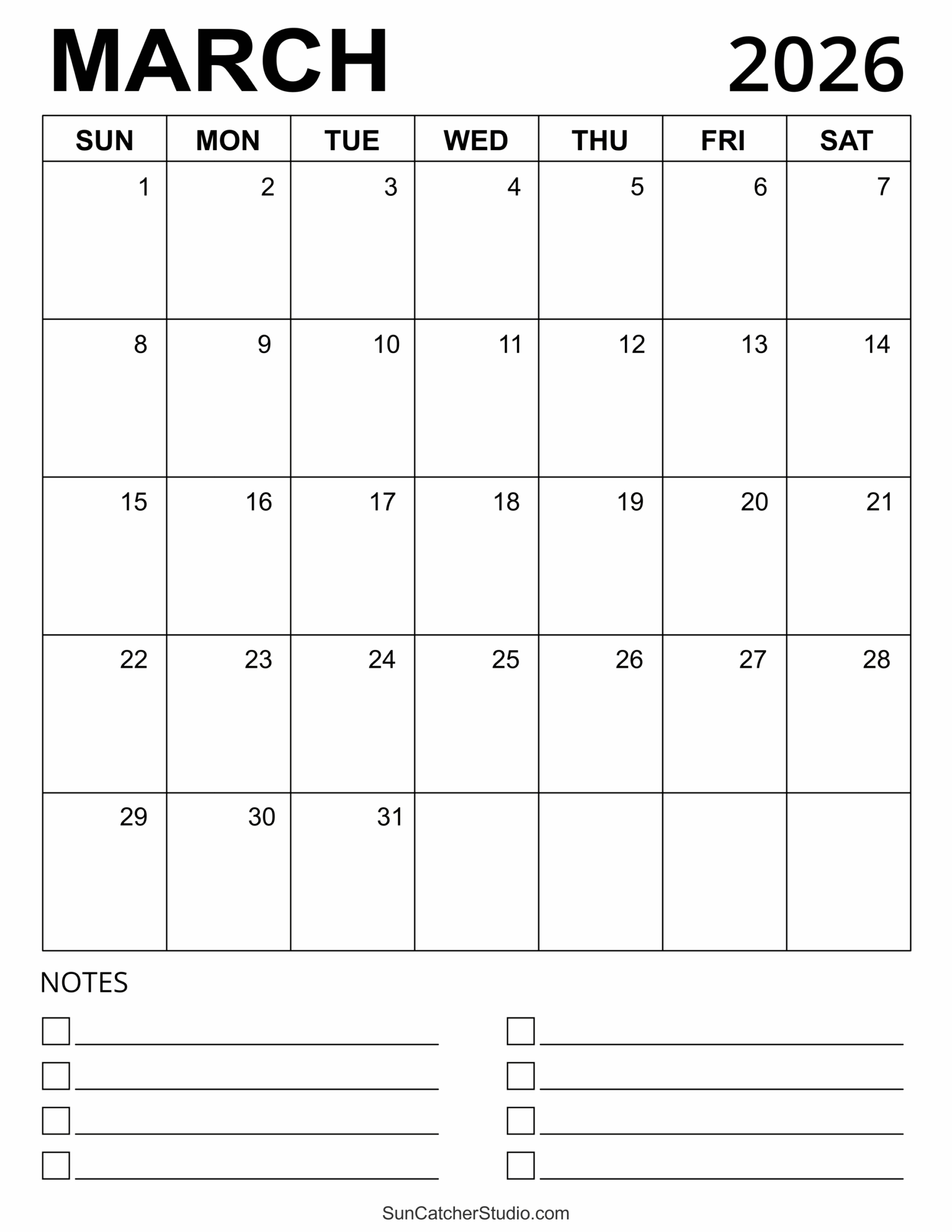 Blank Printable Calendars March 2026