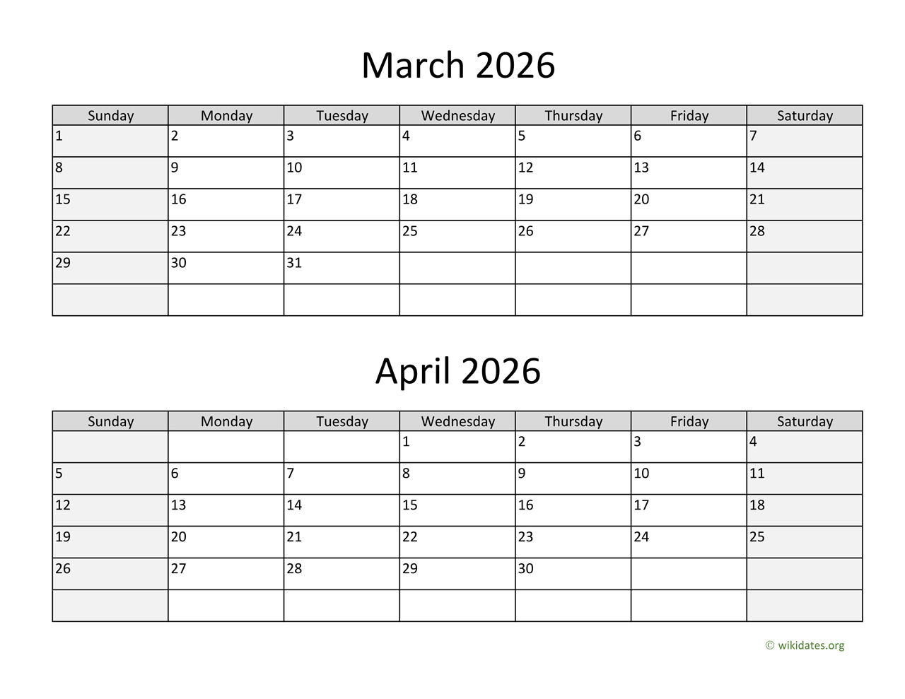 Blank Calendar March 2026 And April 2026
