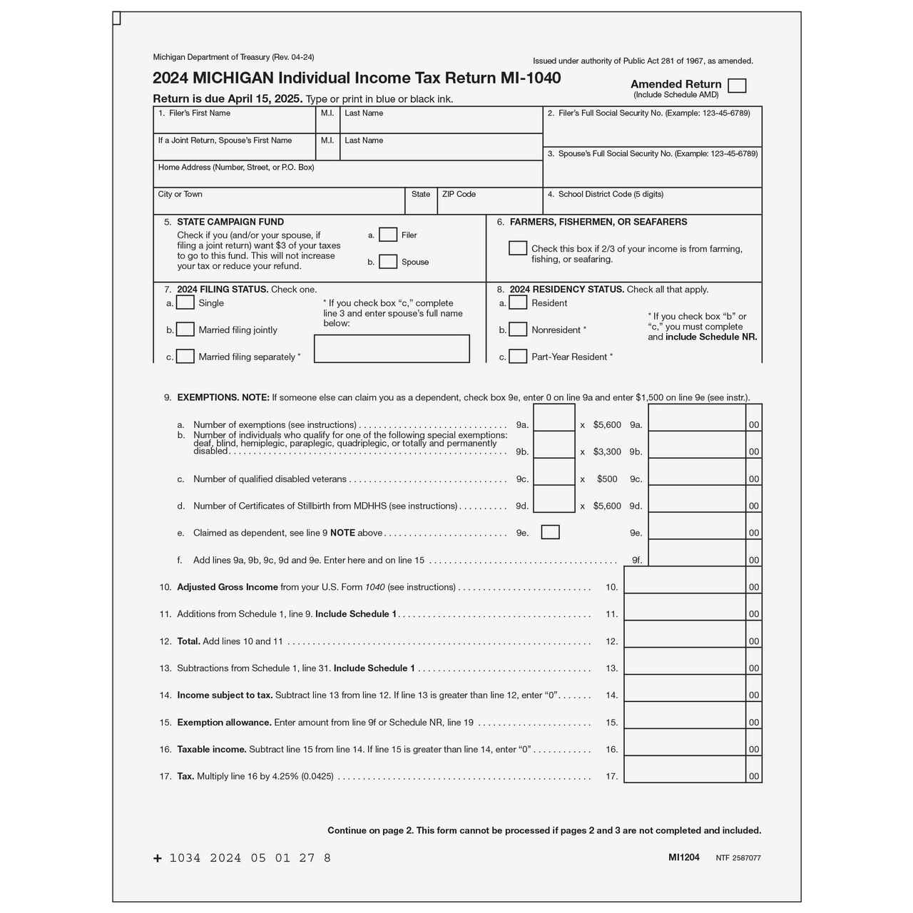 MI1204 Form MI 1040 Michigan Individual Income Tax Return Page 