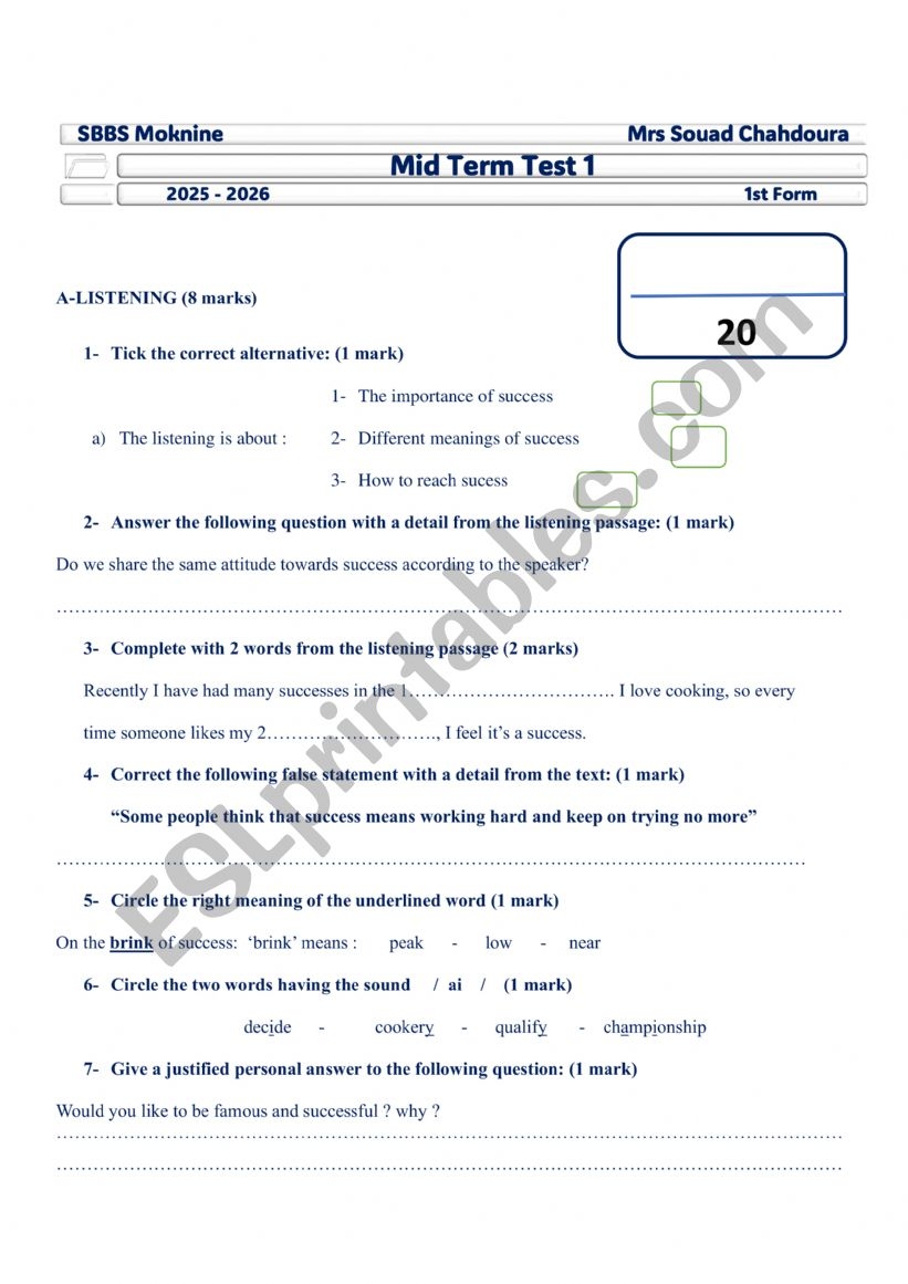 Mid Term 1 Test 1st Form Secondary Education ESL Worksheet By 