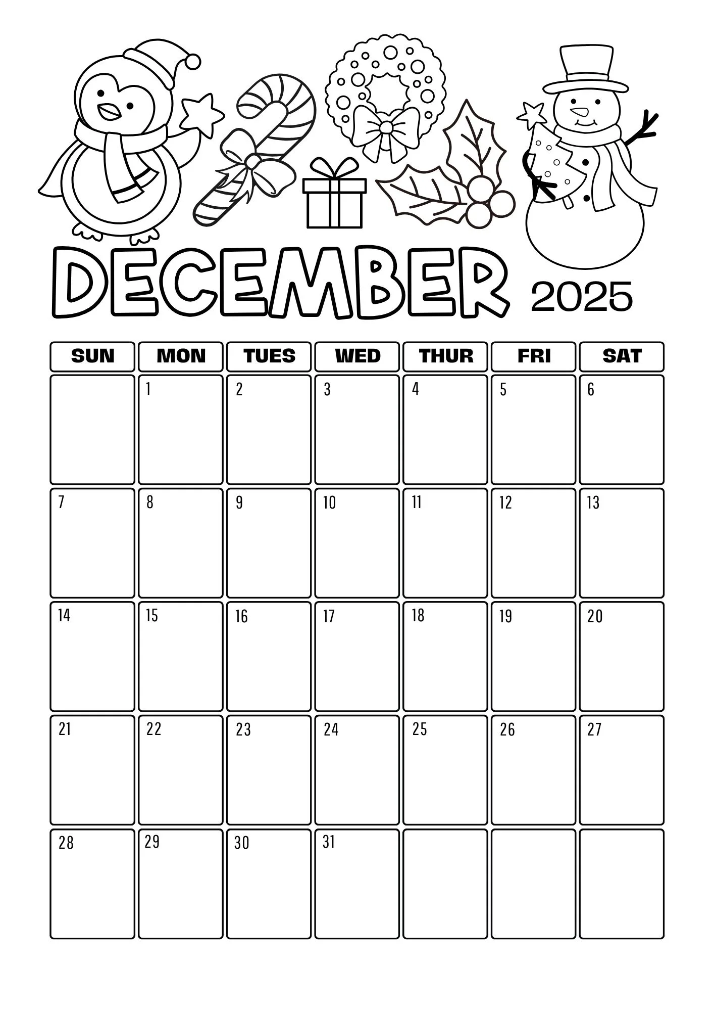 December Calendar 2025 Printable Coloring Page