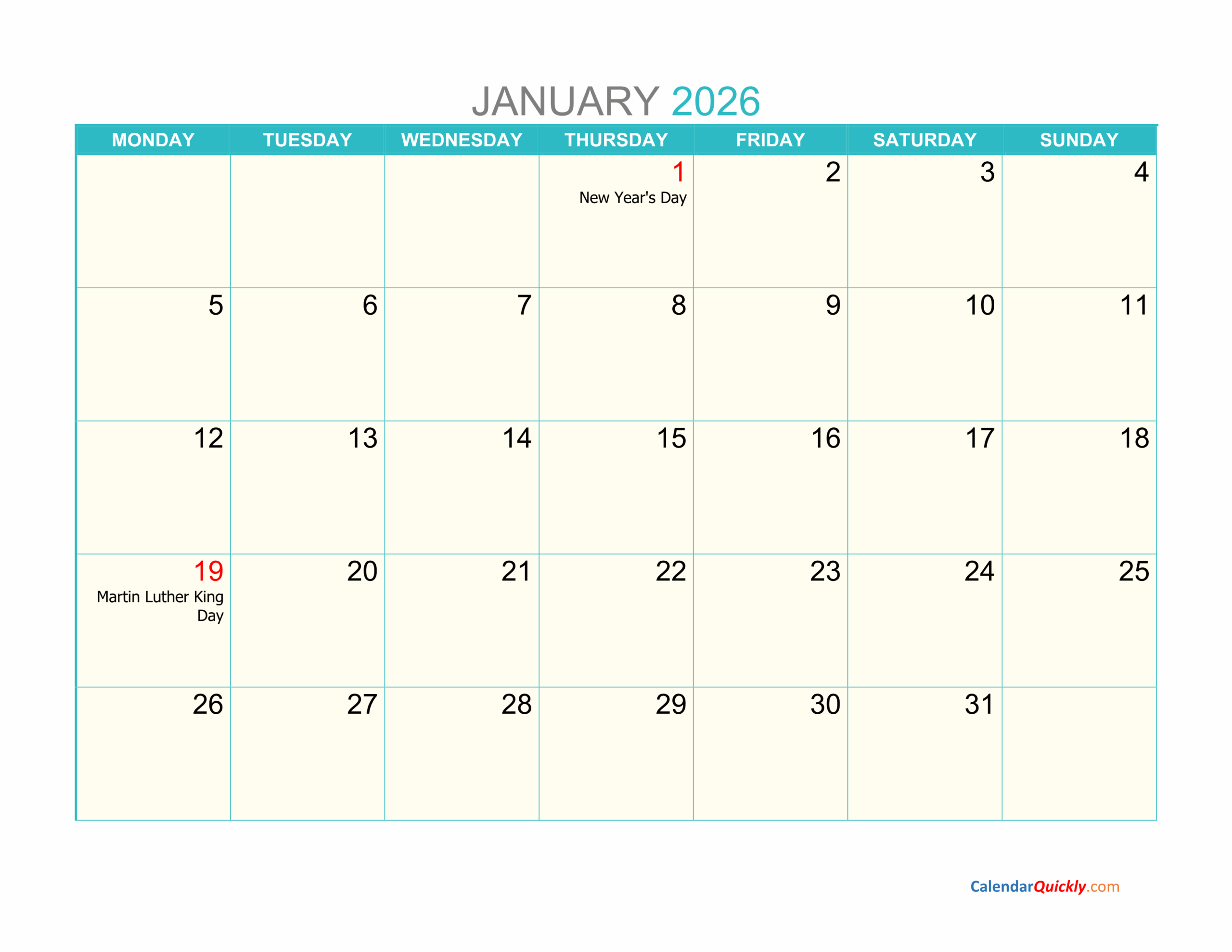 Monthly Monday 2026 Calendar Printable Calendar Quickly