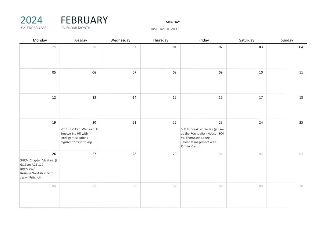 Mtsu Academic Calendar Productivity Calendar Template