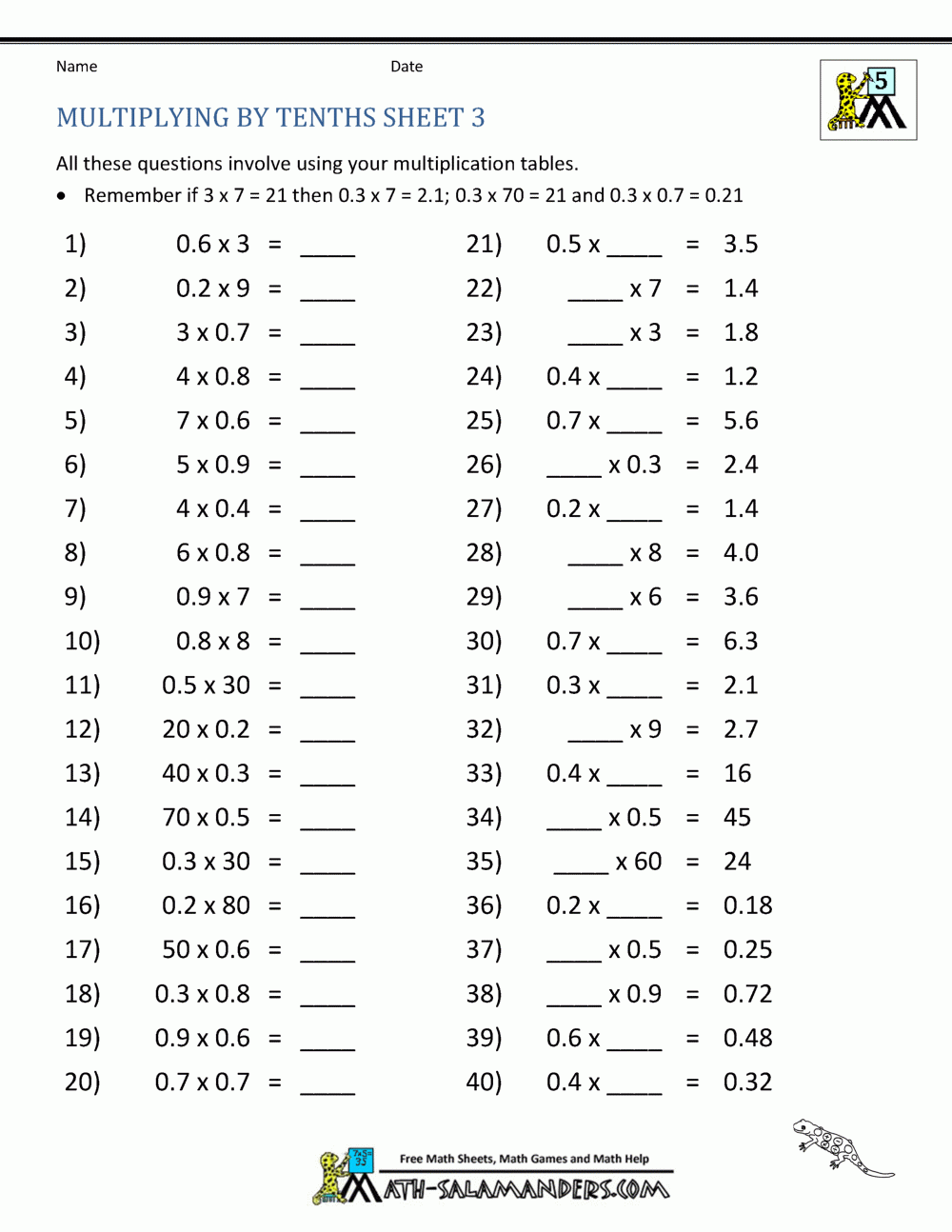 Free Printable Multiplying Decimal Worksheets