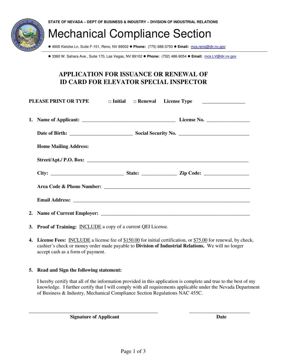Nevada Application For Issuance Or Renewal Of Id Card For Elevator 