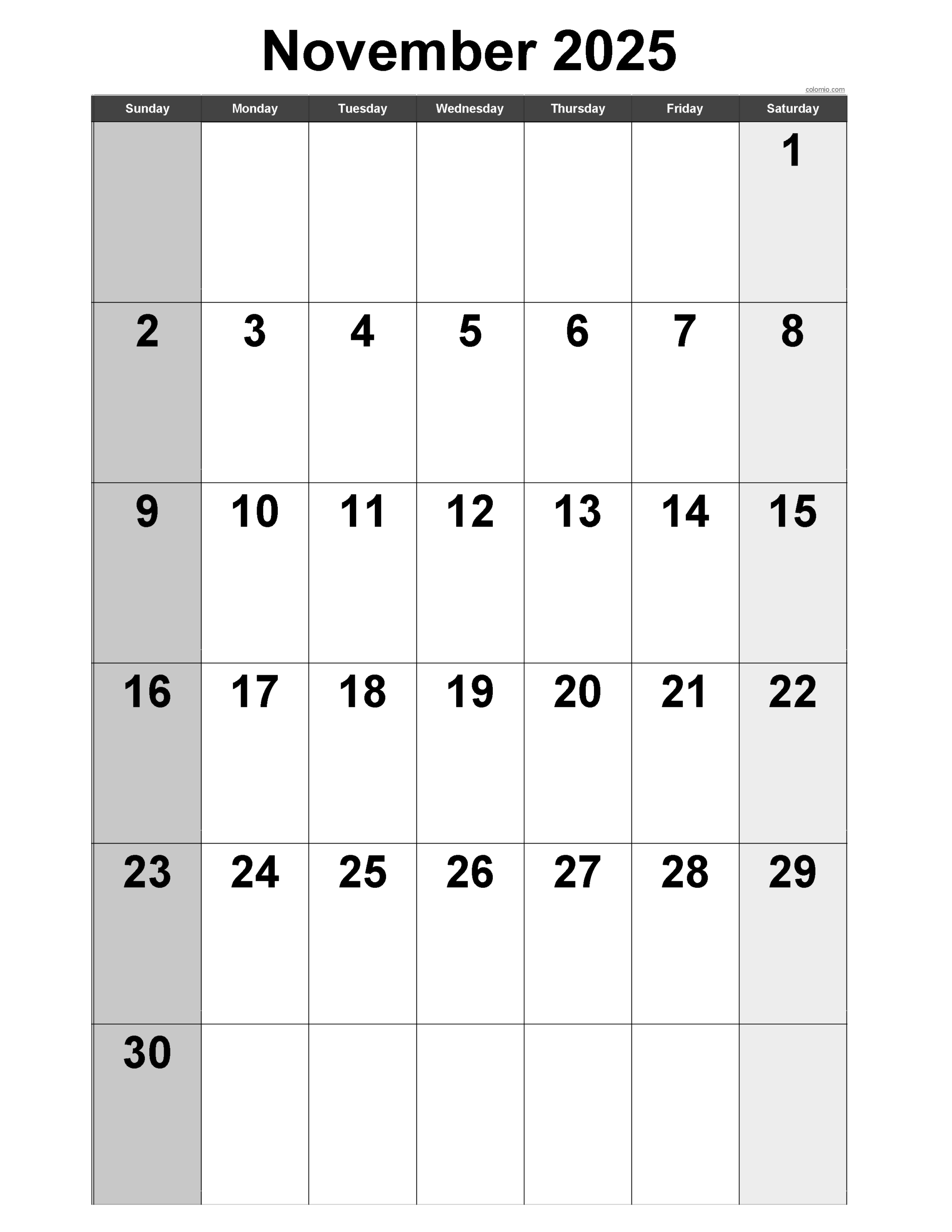 November Portrait Calendar Printable