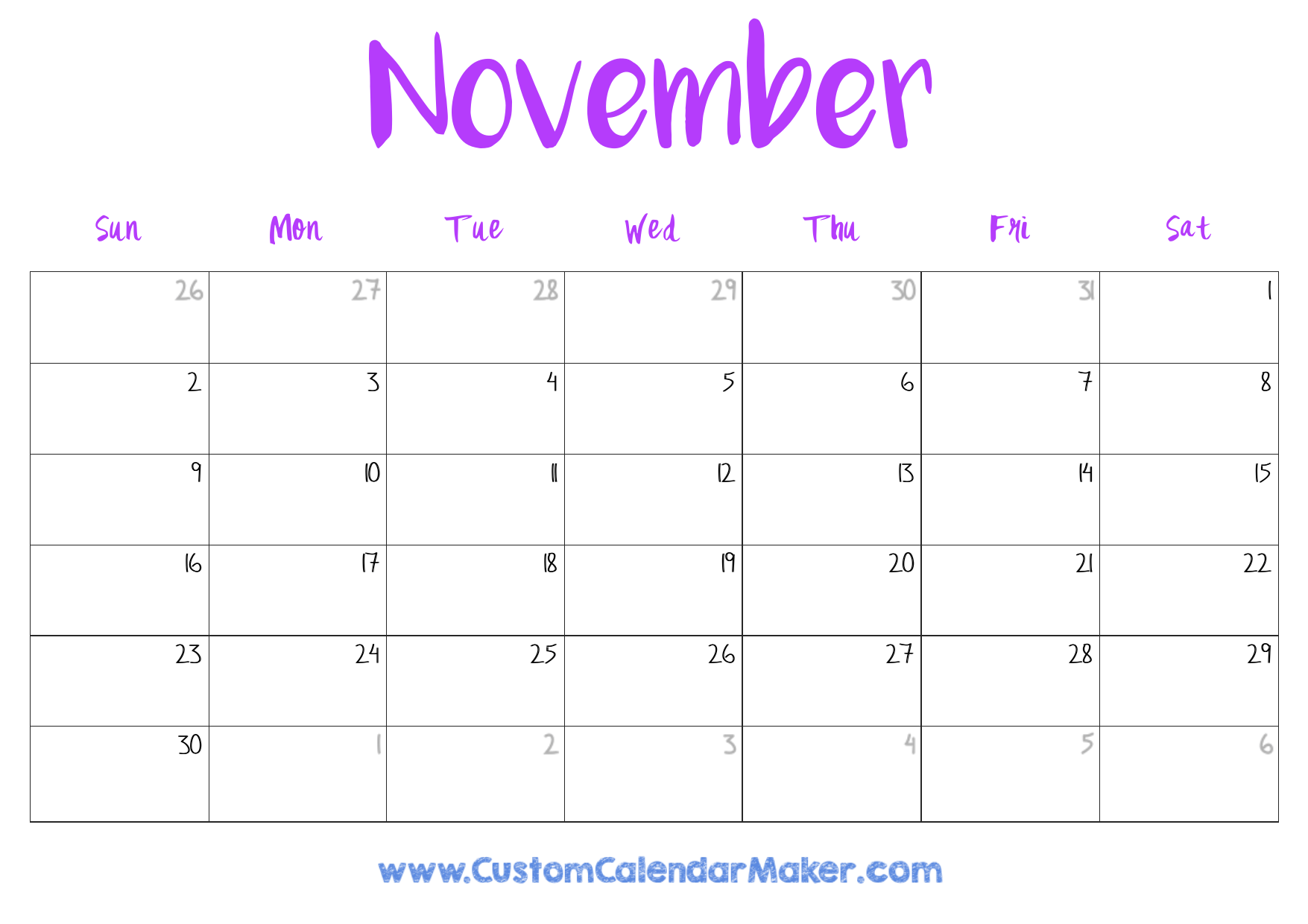 November Blank Calendar Printable