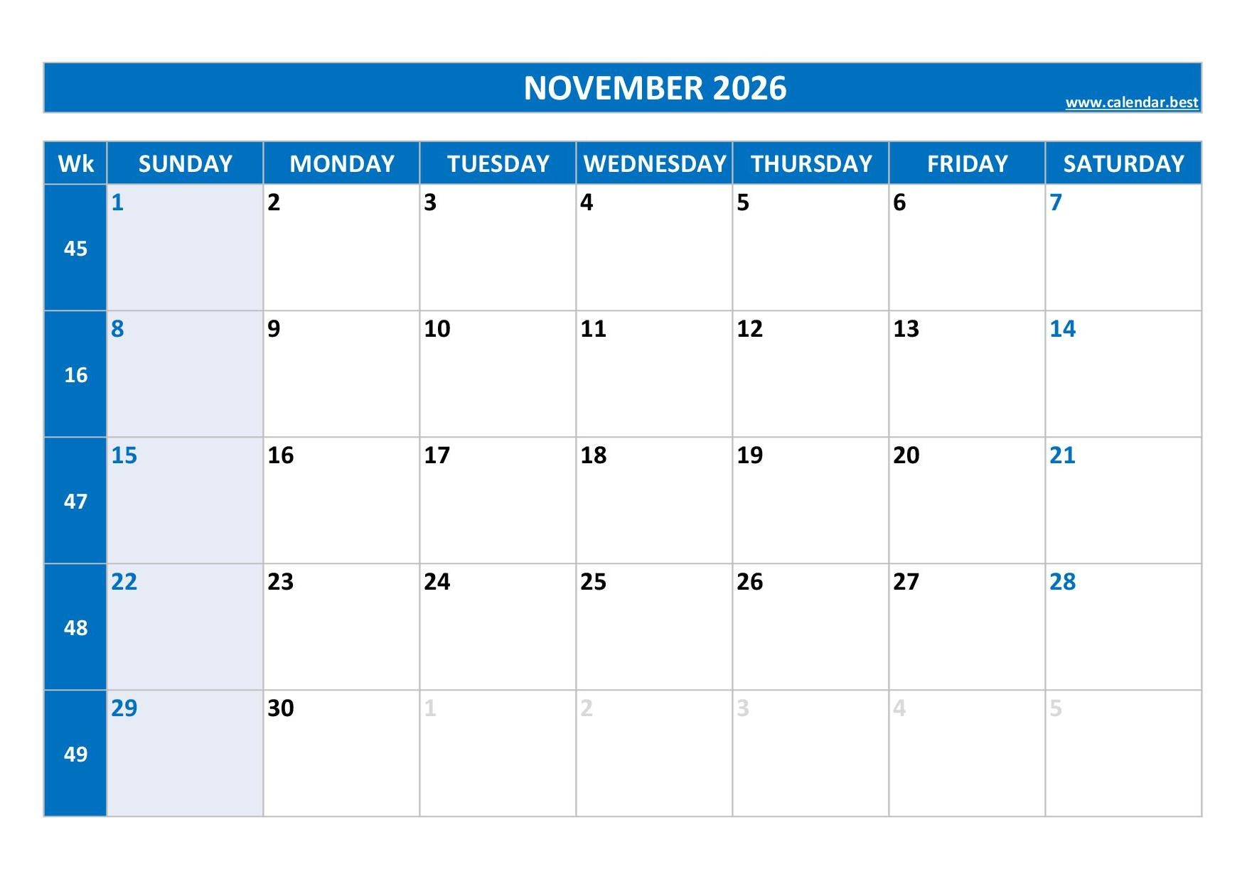 Printable Calendar Template November 2026