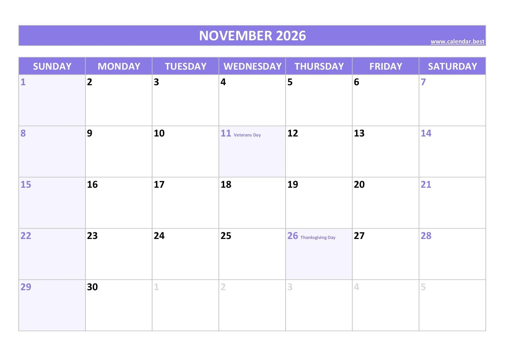 November Calendar 2026 Printable Plain