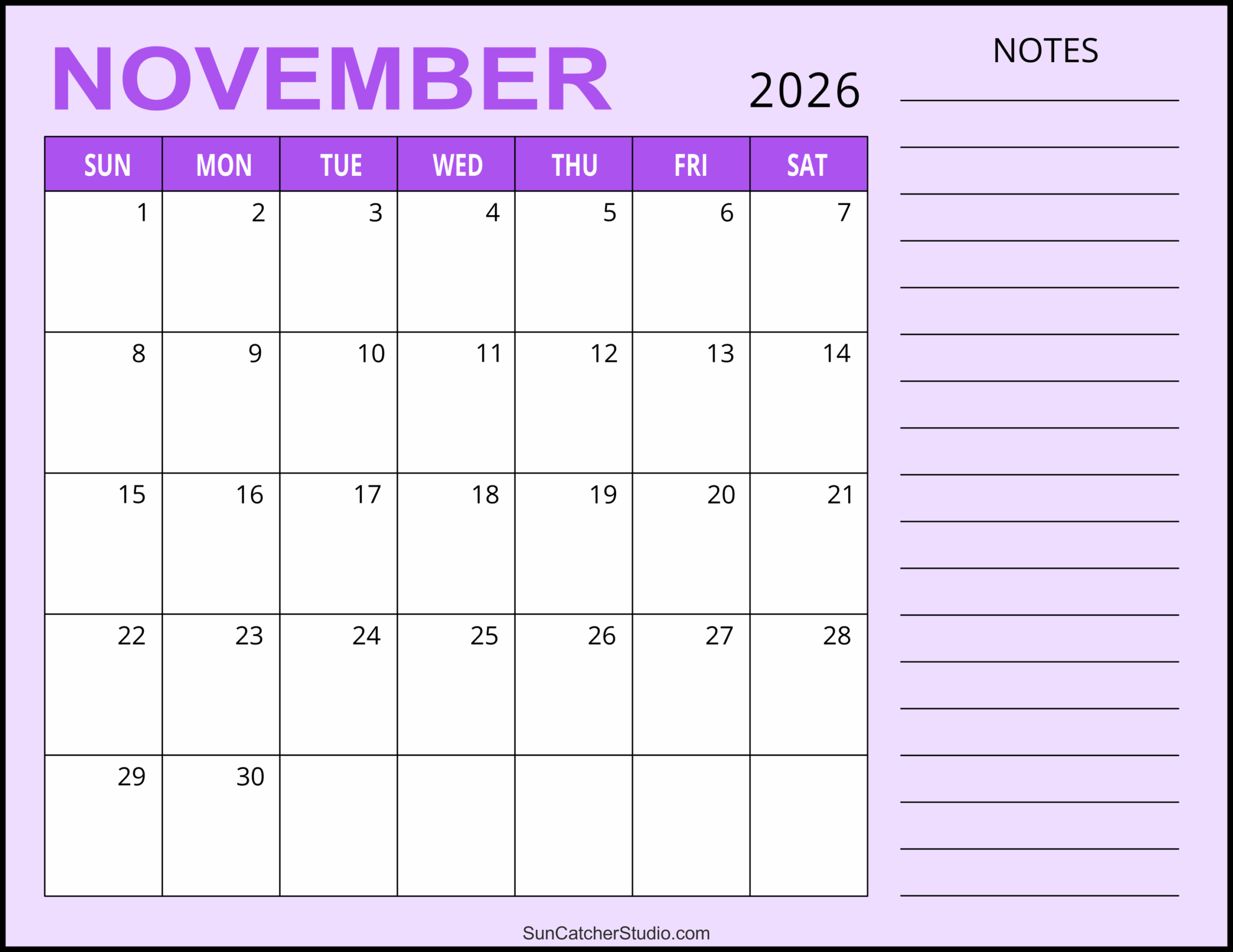 Printable November 2026 Calendar For Kindergarten