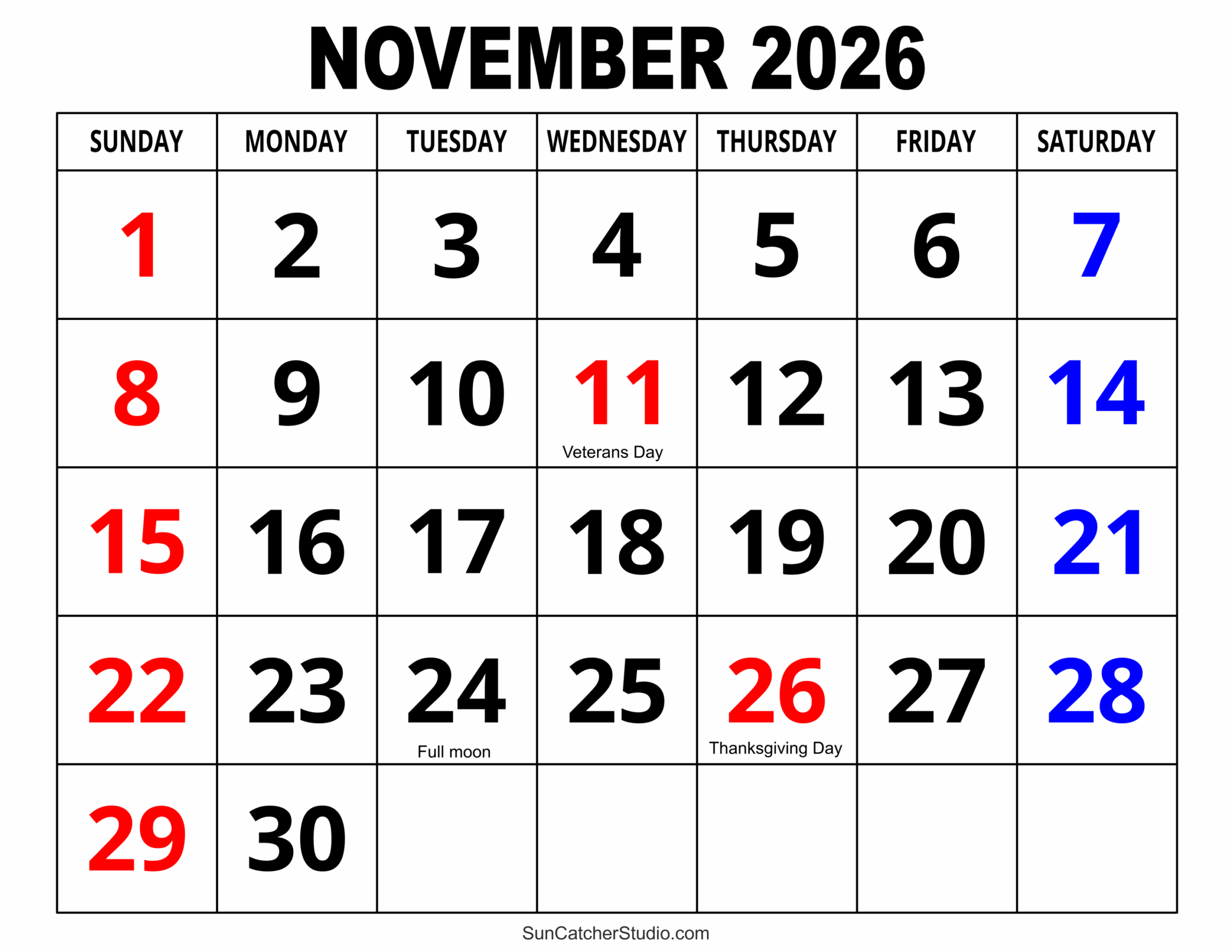Printable Holiday Calendar November 2026