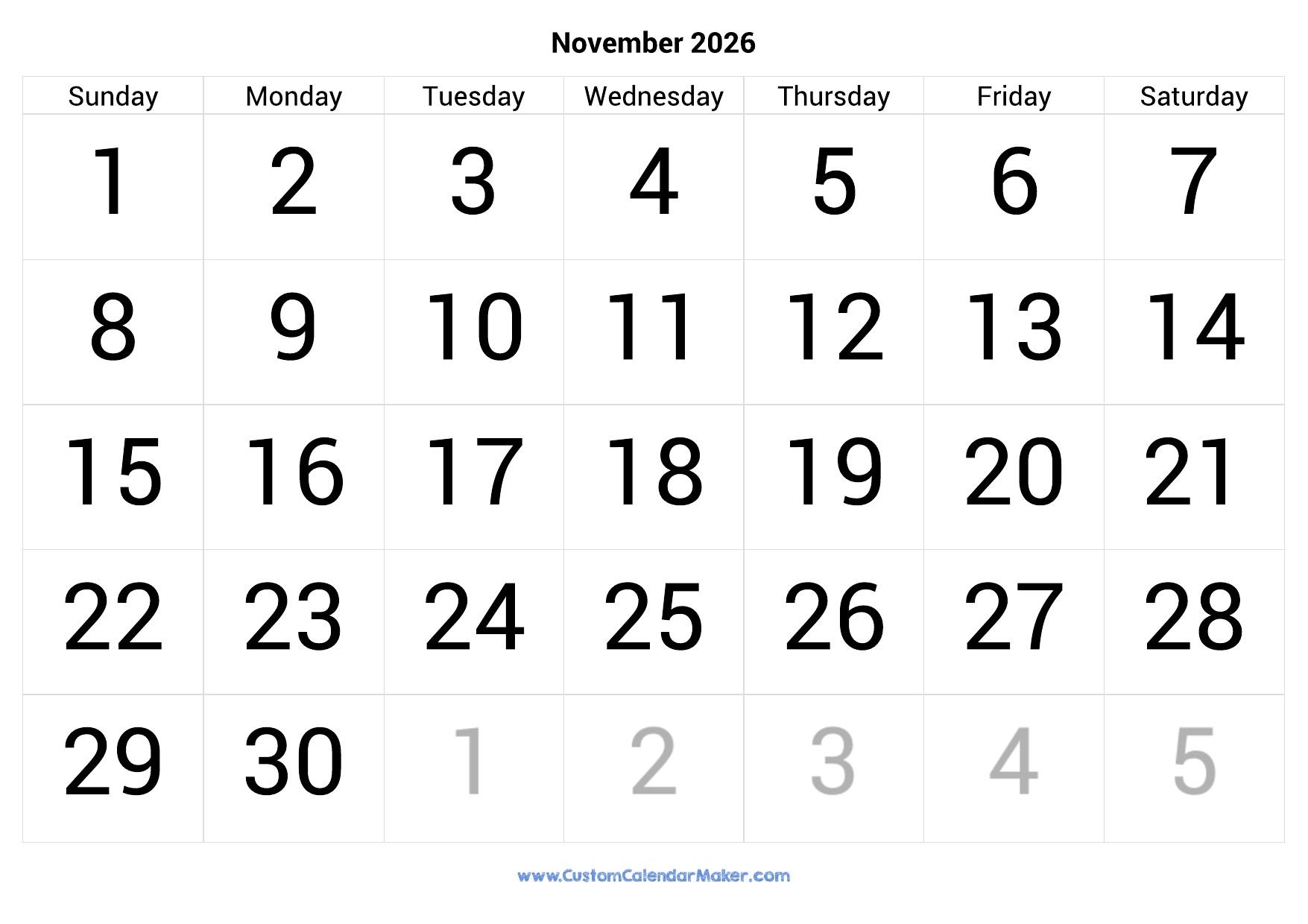 Big Printable Calendar November 2026