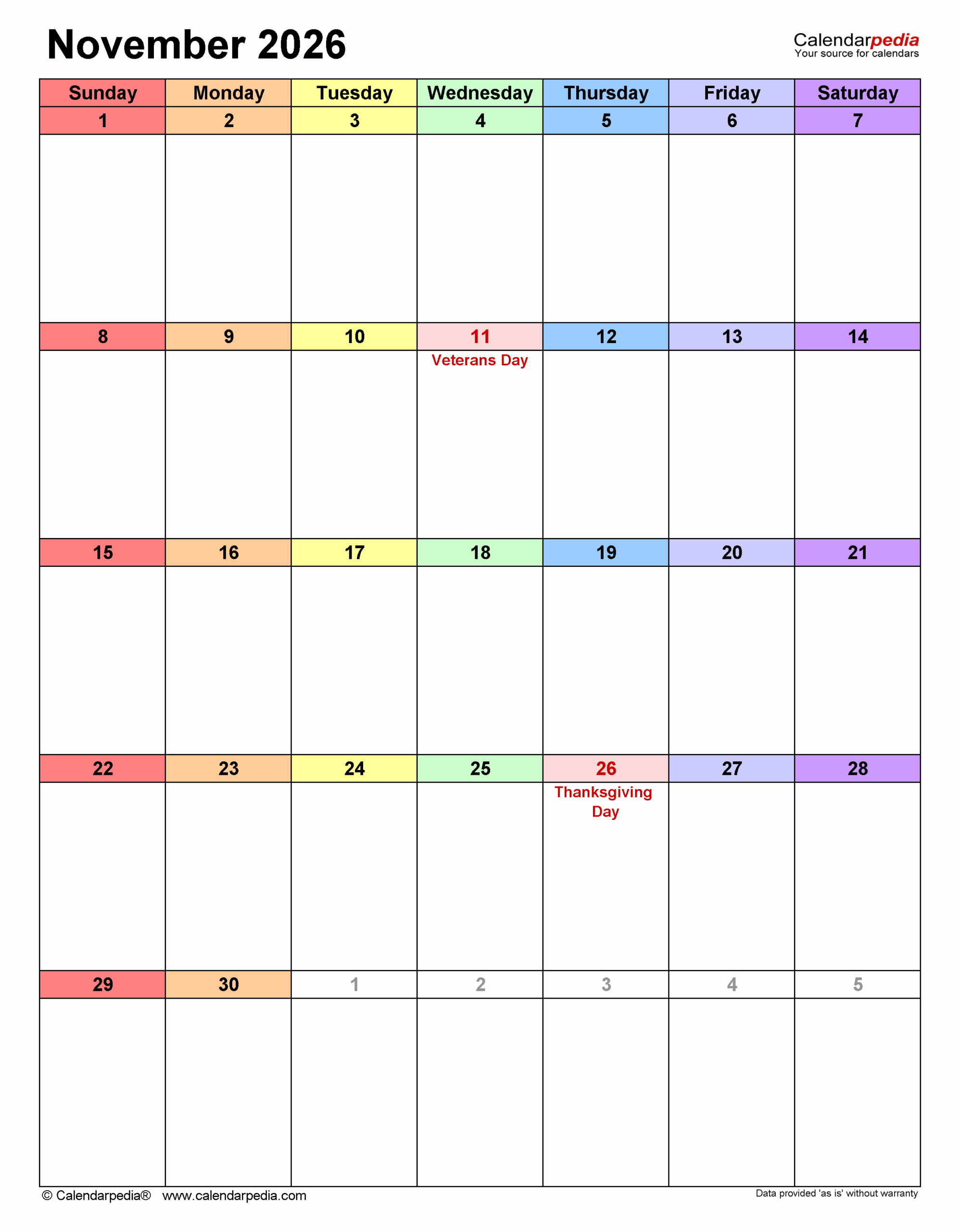 Large November 2026 Fillable Printable Calendar