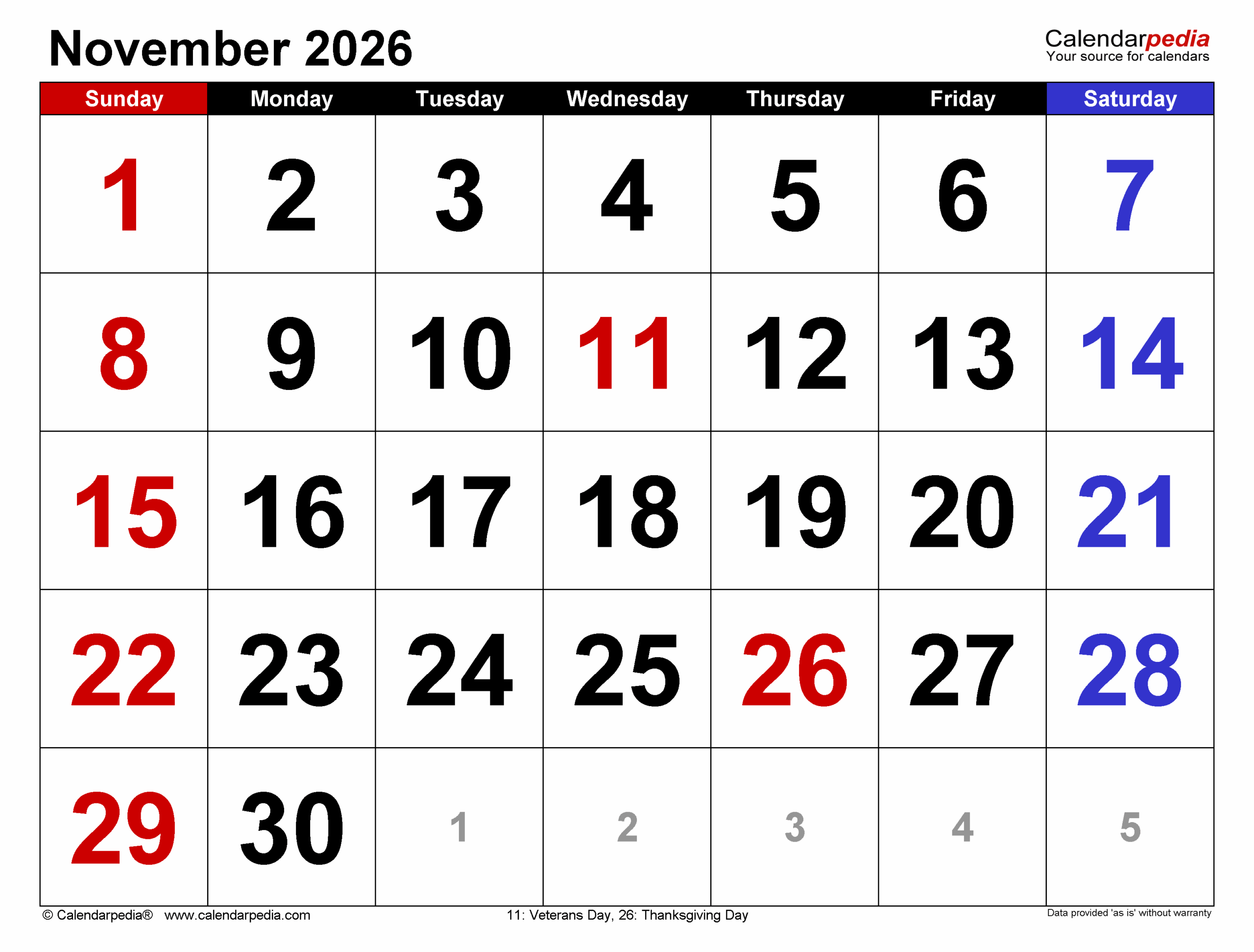 November 2026 Calendar Thanksgiving