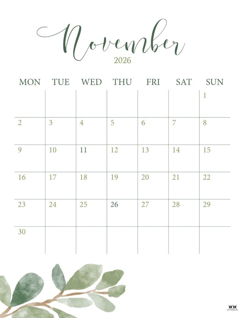 November 2026 Vertical Printable Calendar